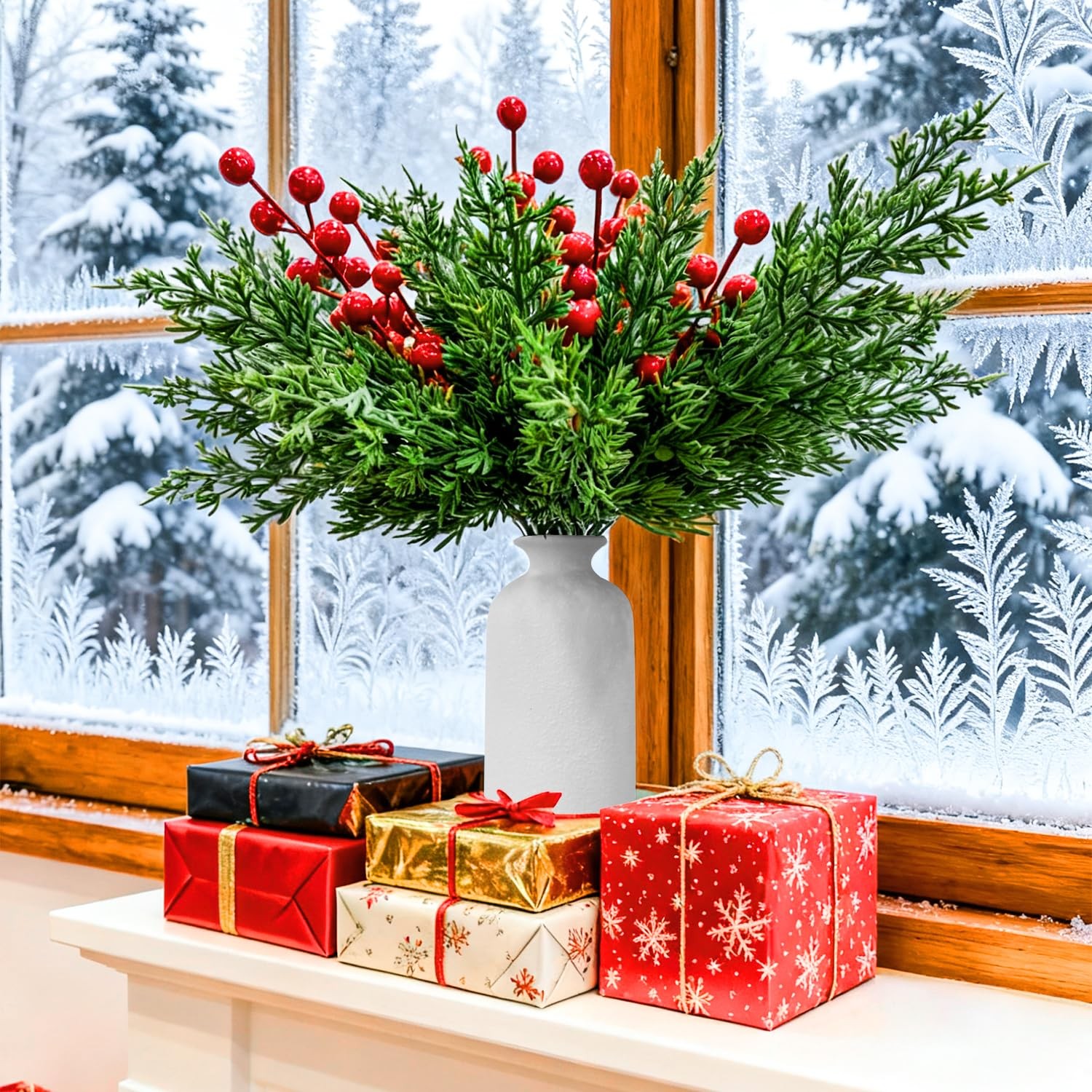 50 Pcs Christmas Artificial Pine Branches with Red Berry Stems, Fake Pine Nee…