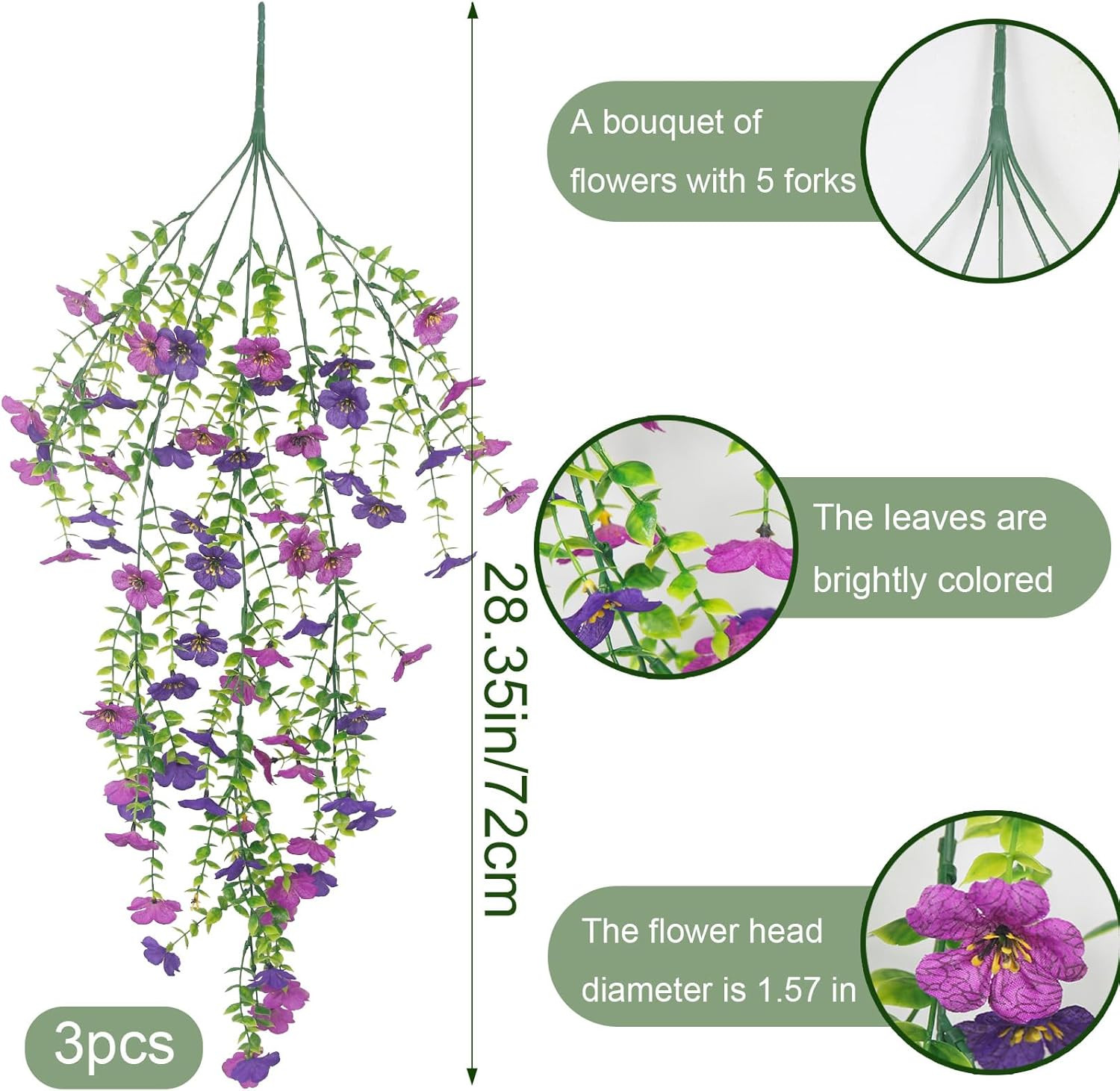 3 Pcs Artificial Hanging Flowers for Outdoors Spring Summer Purple Faux Silk Dai
