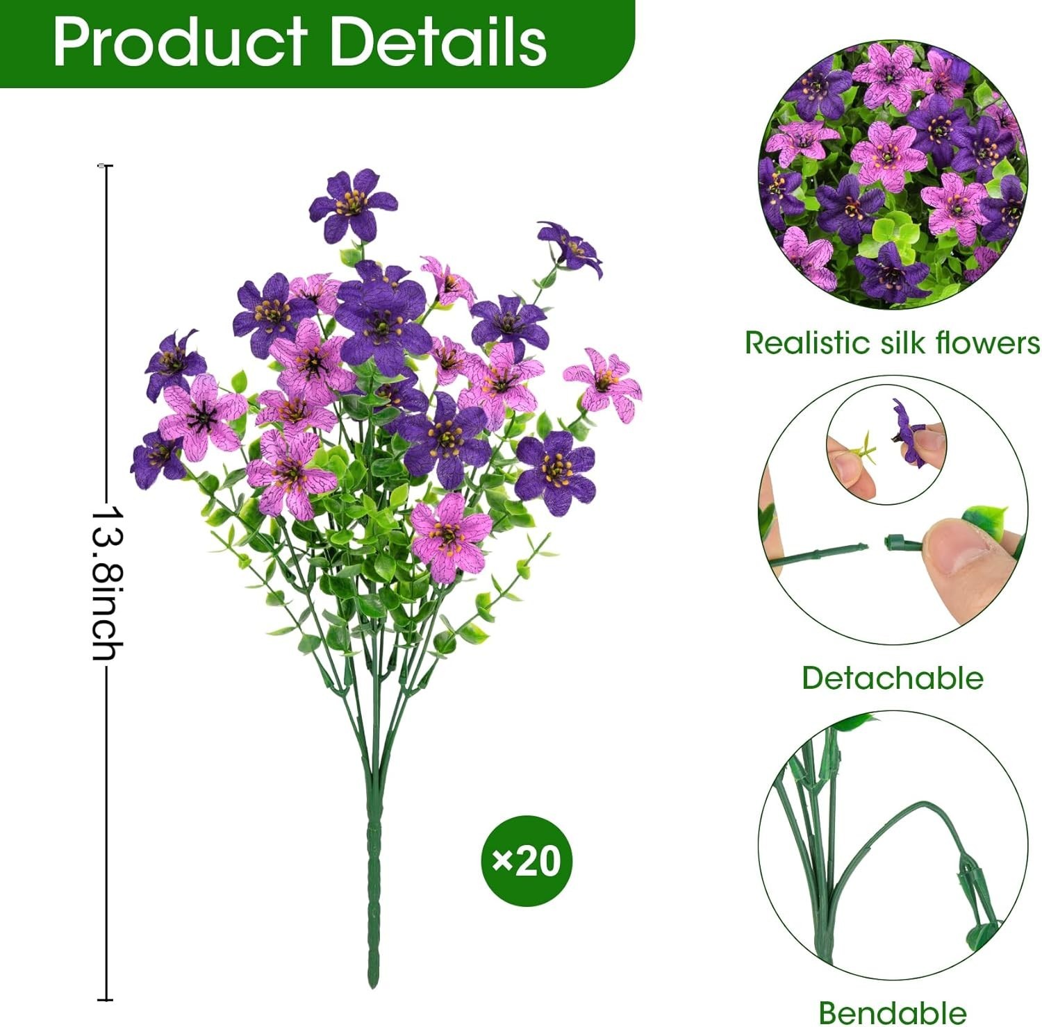 20 Bundles Artificial Flowers for Outdoors, Fake Silk Flowers UV Resistant Fa…