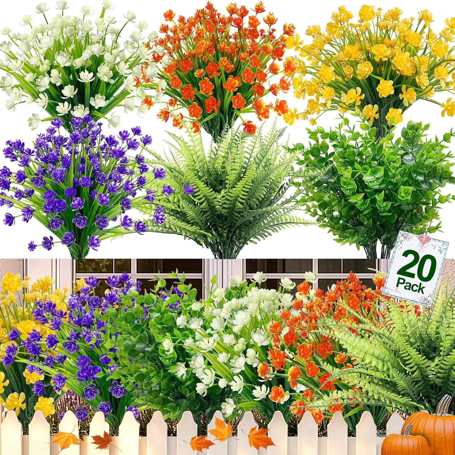 20 Bundles Artificial Flowers UV Resistant Outdoor Plants Waterproof Garden Deco