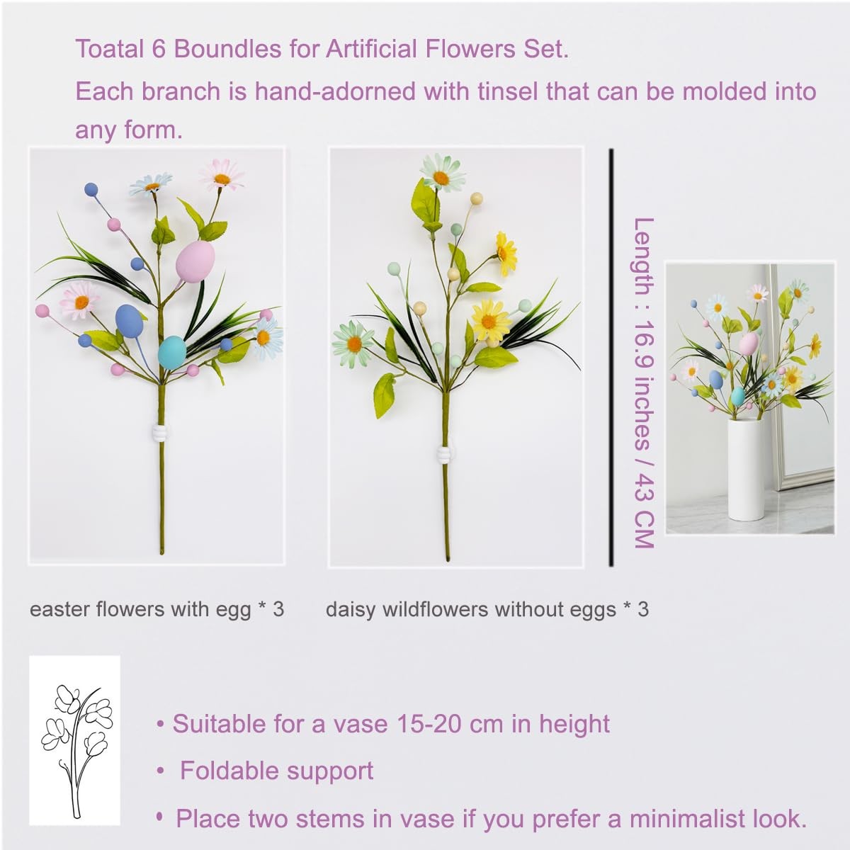 Easter Artificial Flowers with Eggs – 6 Pcs Spring Floral Arrangement Include…
