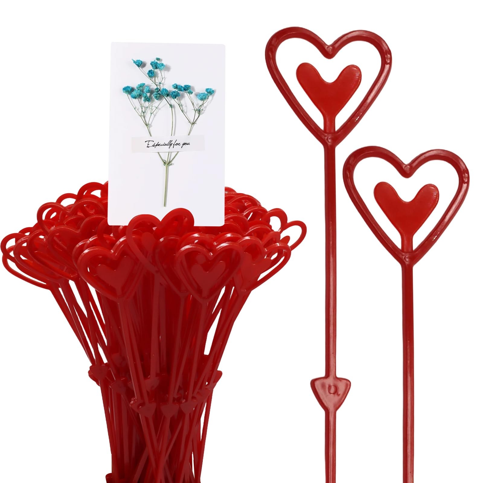 Floral Pick Card Holder, 100 Pack 9.05 Inch Red Heart Shape Plastic Flower Pi…