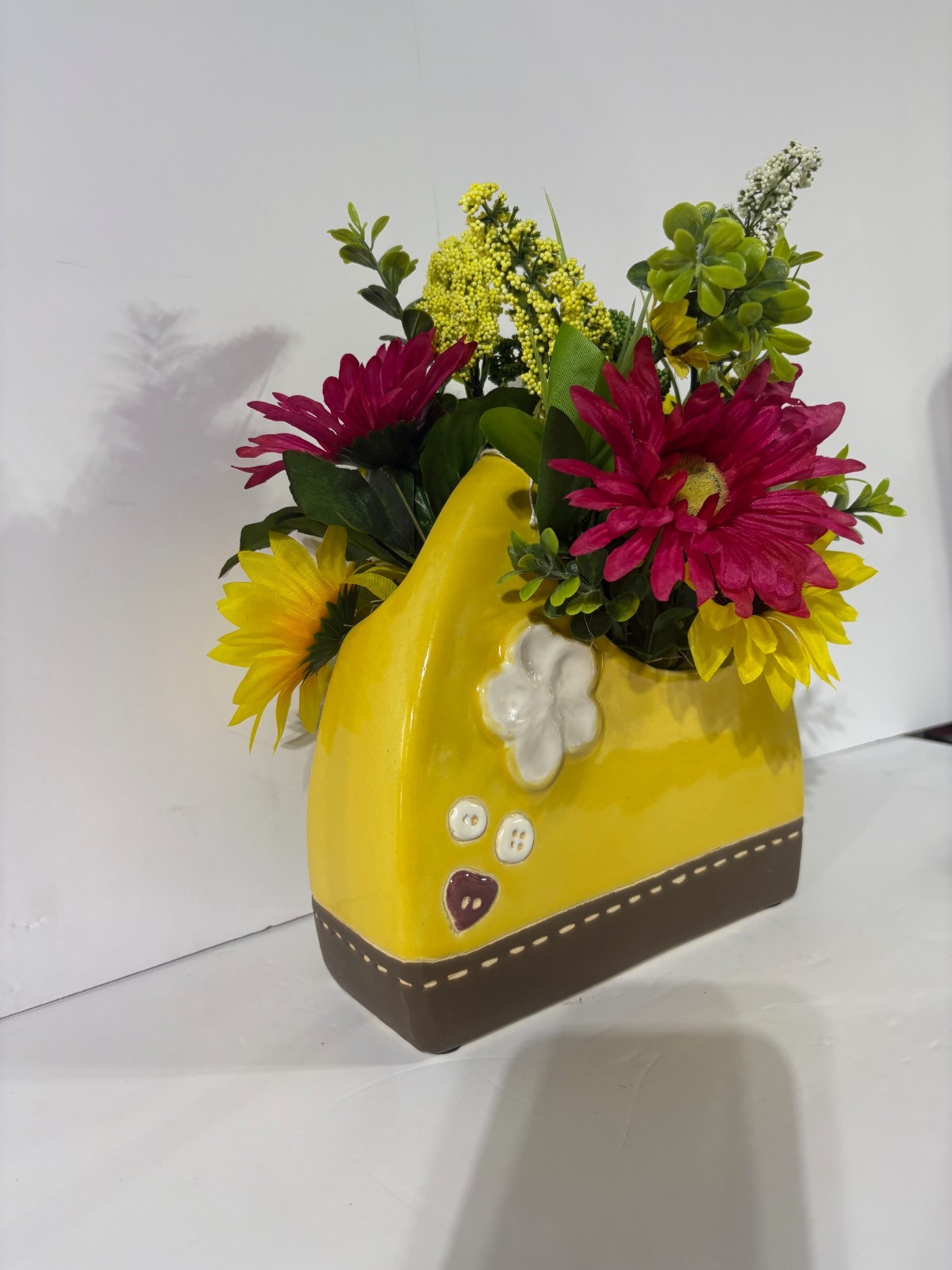 Handmade Floral Arrangement in Whimsical Yellow Ceramic Planter – Sunflower
