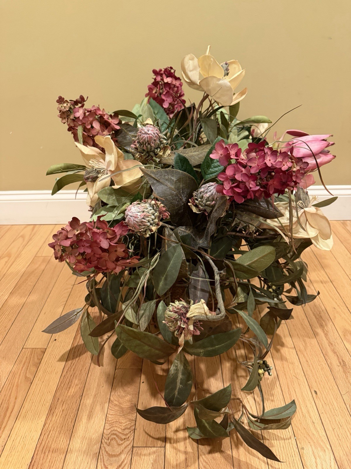 Vintage Artificial Flower Arrangement In Basket Foam Red White Green 25” X 23”