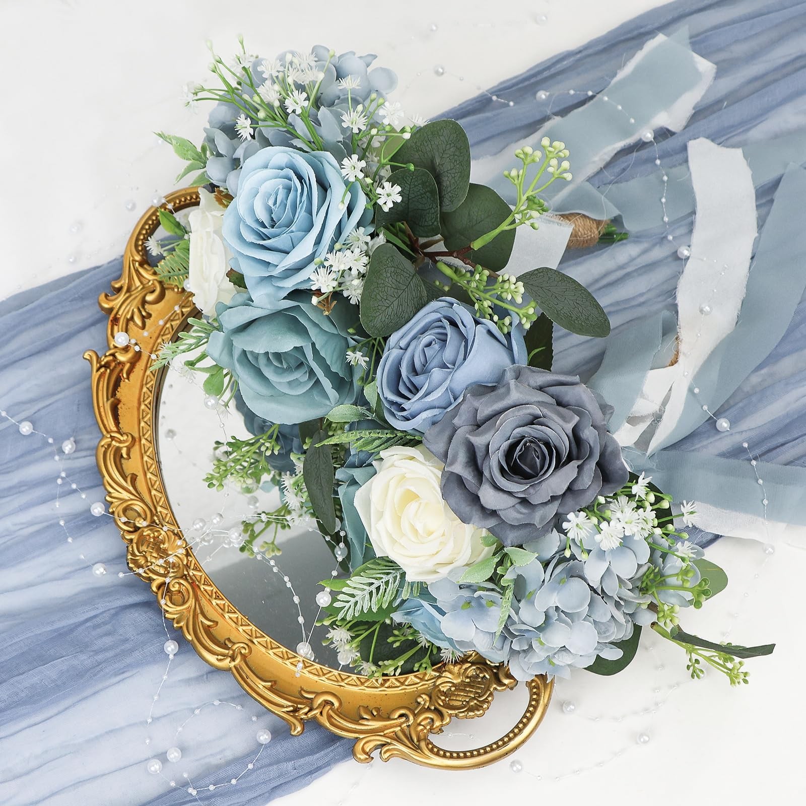 2 PCS Bridesmaid Bouquets Wedding 7 Inch Artificial Flowers Dusty Blue White