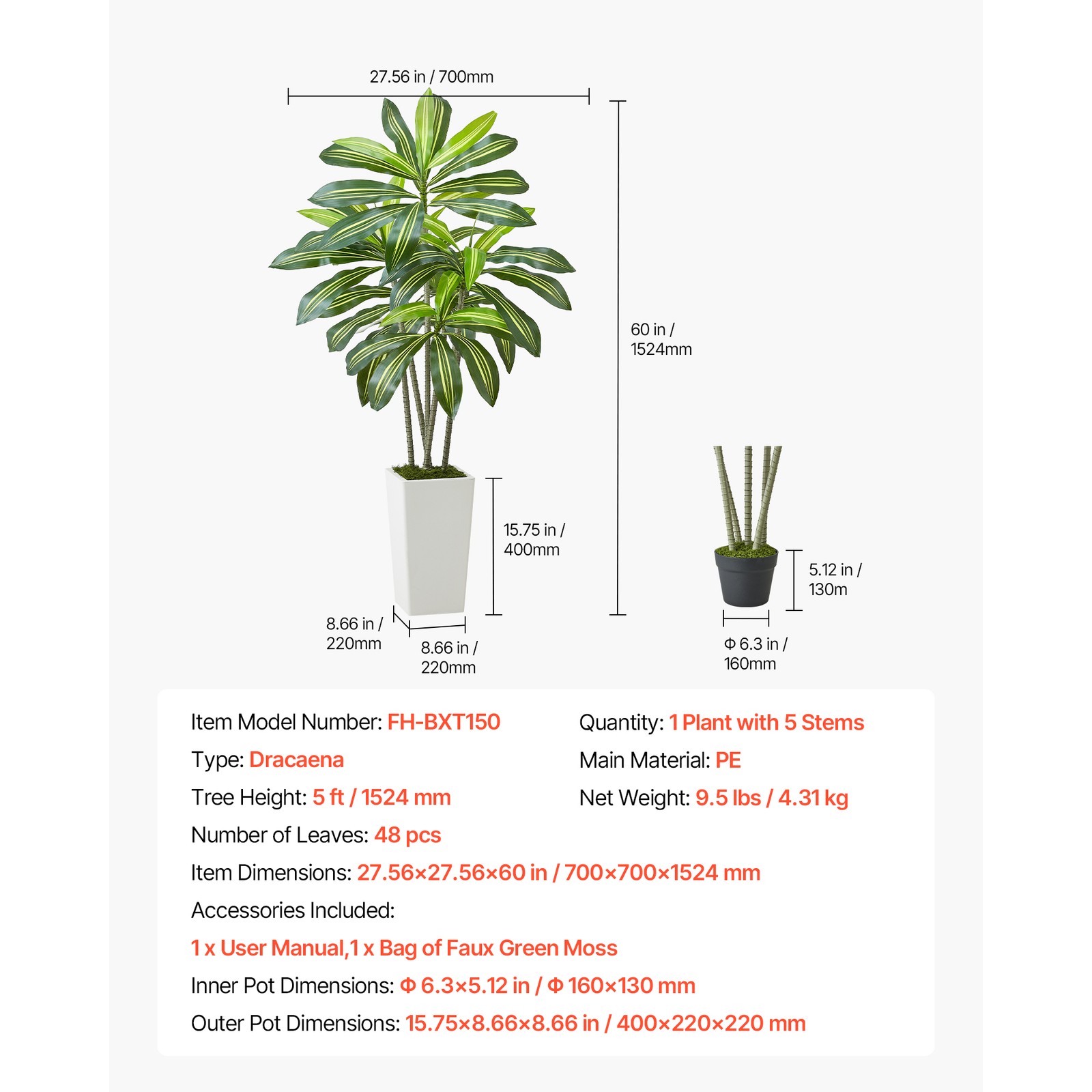 Uimoso 5ft Artificial Dracaena Tree in Pot Indoor Home Decor Faux Fake Plant