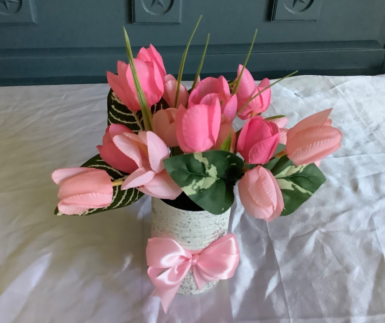Spring/easter pink tulip centerpiece with glitter and painted upcycled tin can