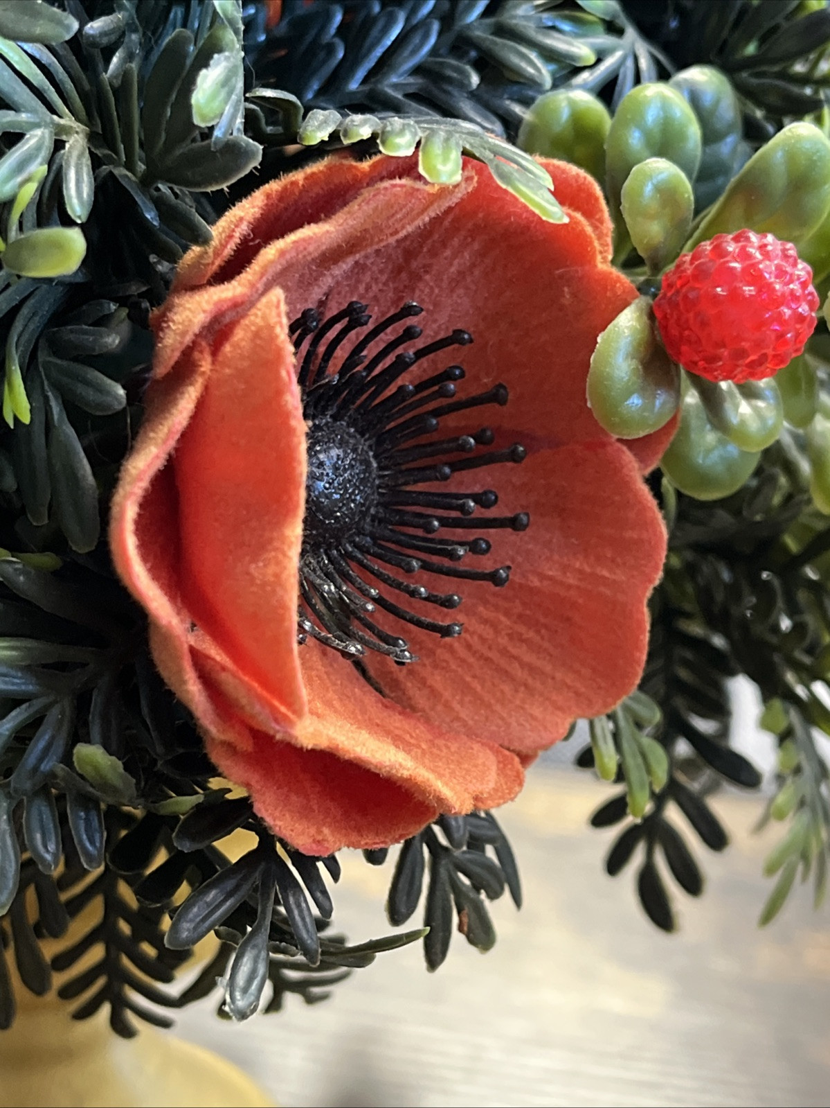Vtg Mid-Century Plastic Floral Poppies Fruit Arrangement Centerpiece Xmas Tree
