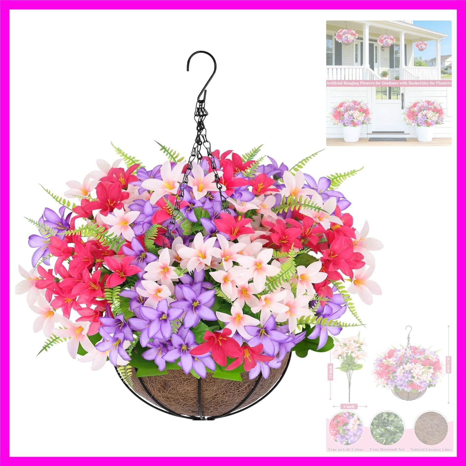 Artificial Faux Hanging Plants Flowers Basket for Outdoors Spring Summer Deco…