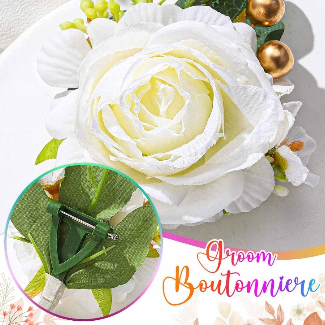White Bride Wedding Rose Boutonniere Groom Flower Buttonholes Prom Suit