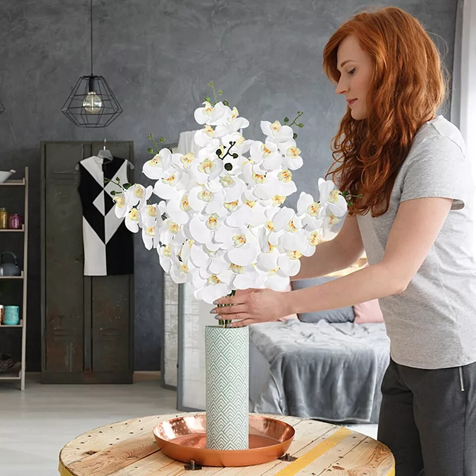 FLOWERY 2 Pcs 38’’ Artificial Real Touch Orchids Flowers 9 Heads Latex White