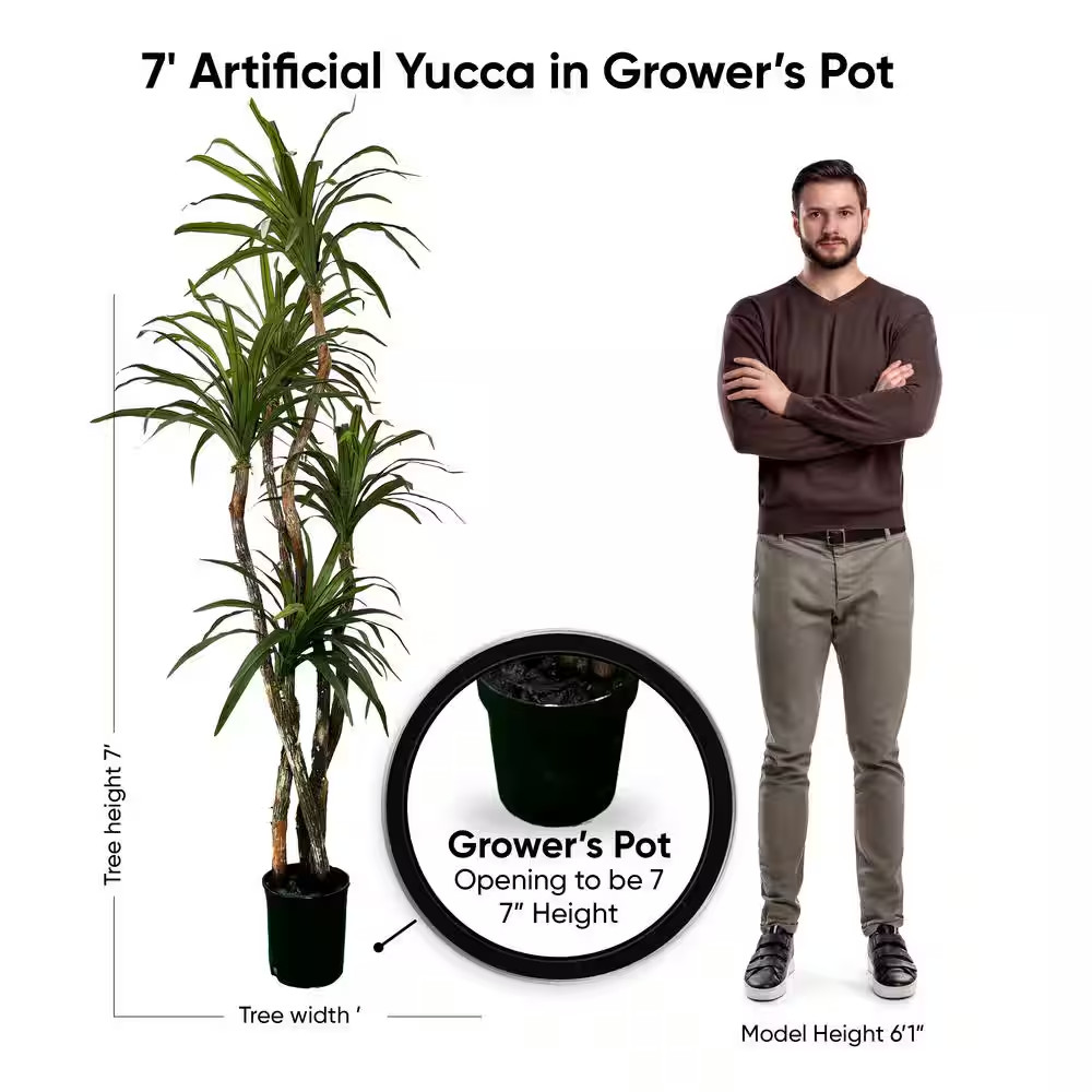 Handmade 7 Ft. Artificial Yucca Tree in Home Basics Plastic Pot Made with Real W