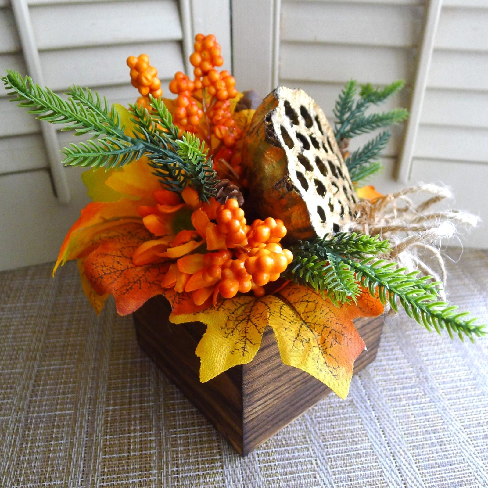 Petite Rustic Fall Floral Arrangement, Gold Lotus, Berries, Pine, Autumn Leaves