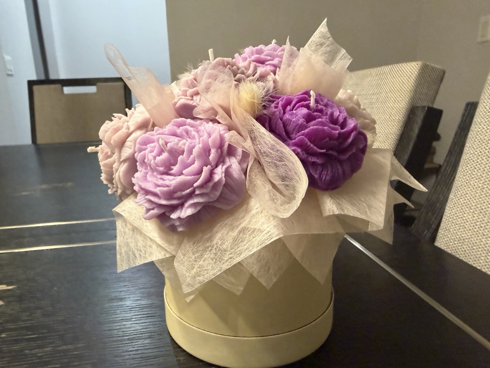 Candle Flower Arrangement Centerpiece Hat Box Purple Pink White Floral