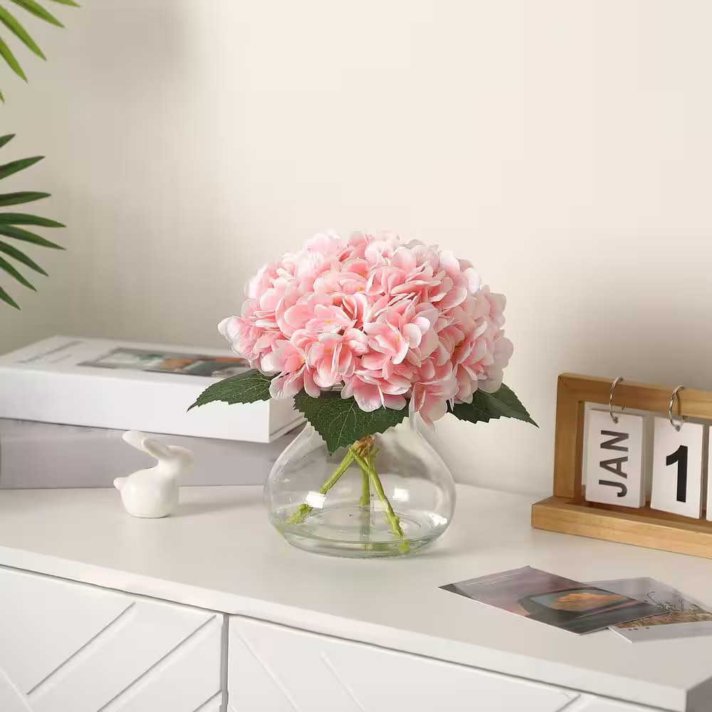 Artificial Hydrangea Flowers with Glass Vase and Fake Water for Home Table, Wedd