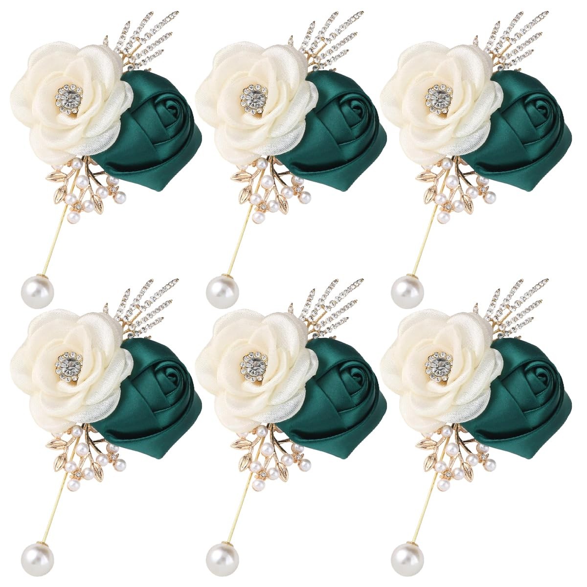 6 PCS Rose Boutonniere Men Artificial Corsage Groom Wedding Emerald Green