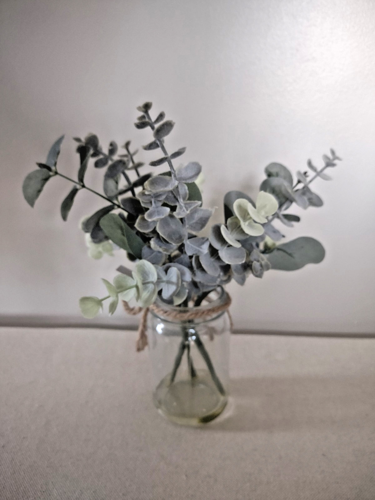 Eucalyptus Faux Arrangement in Glass Mason Jar with Faux Water ~ NEW