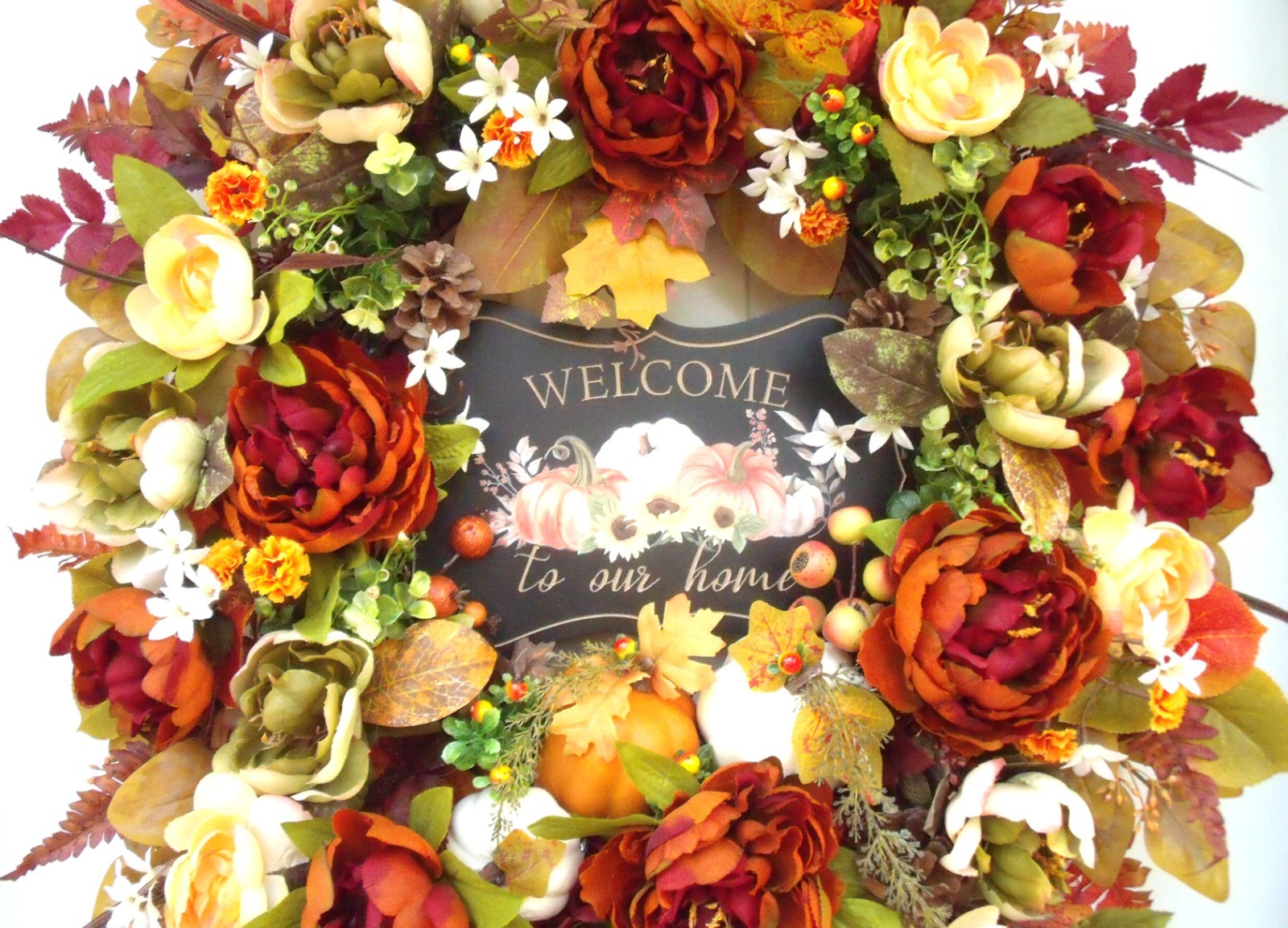Fall Door Wreath, Thanksgiving Autumn Peony Pumpkin Wreath, Sage Orange Rust