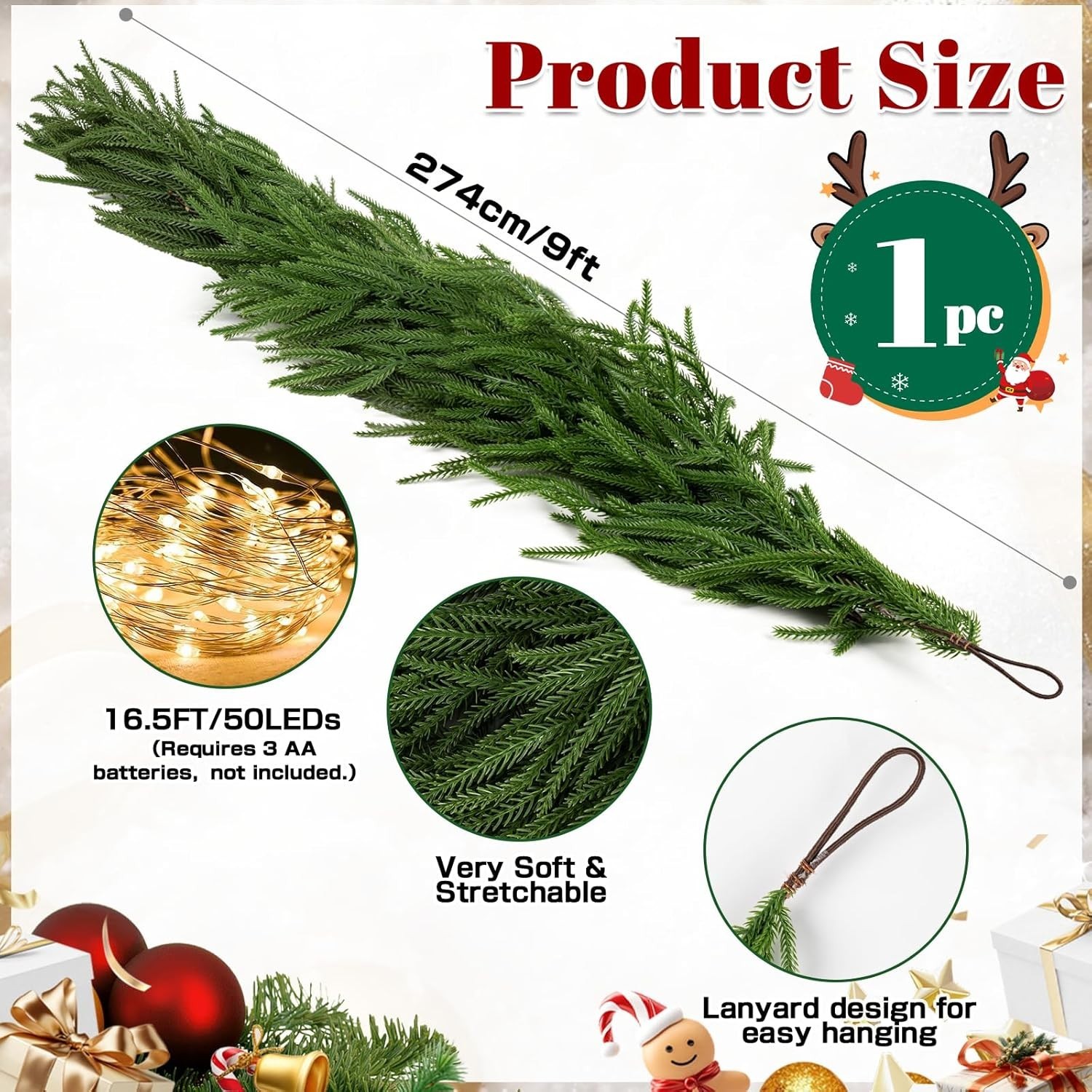 1 Pc 9 Ft Artificial Norfolk Pine Garland w 16.4ft LED String Lights NEW