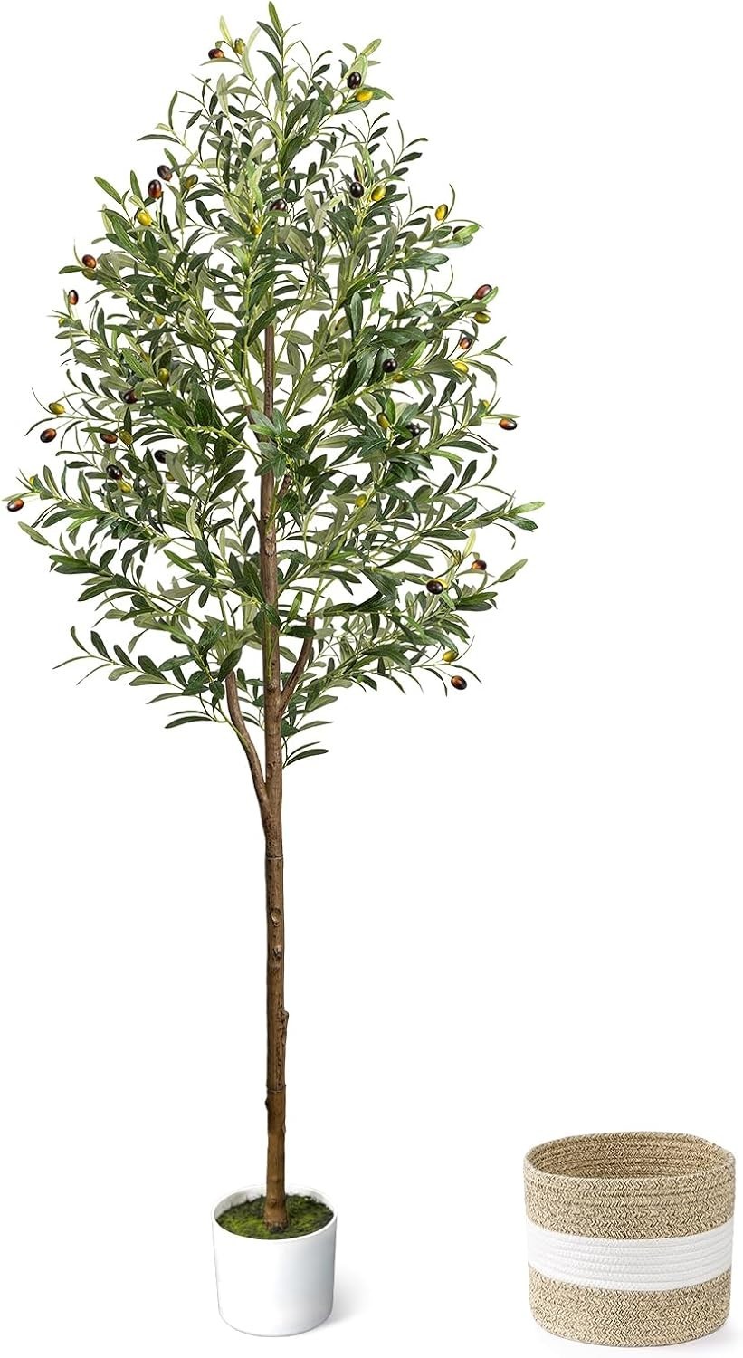 6FT Artificial Olive Tree – Indoor Tall Faux Olive Trees with Planter&Basket,…