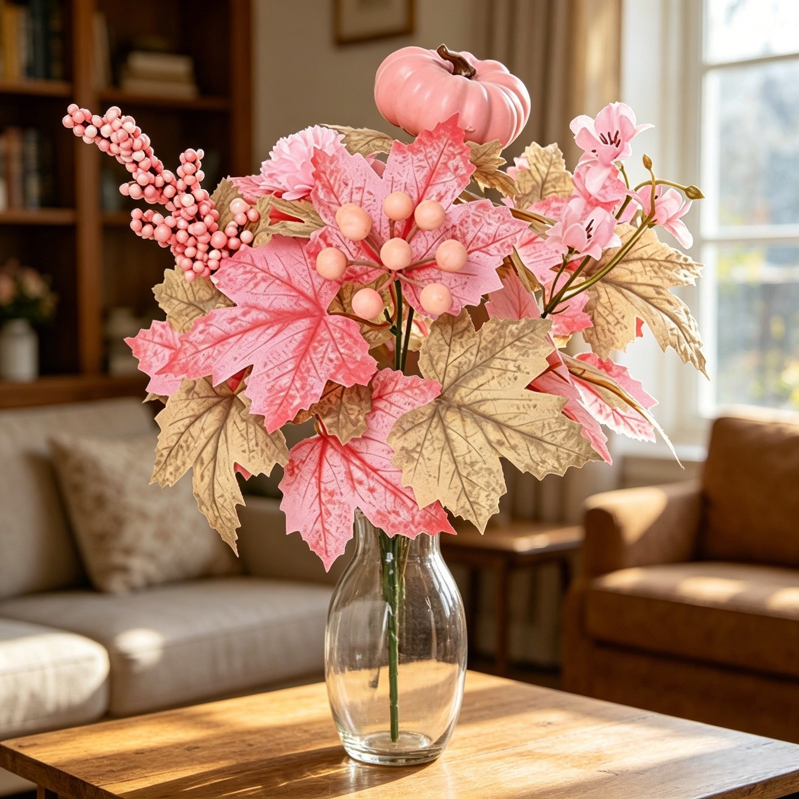 Artificial Bouquet for Thanksgiving Halloween Decor Pink Pumpkin 12.6in