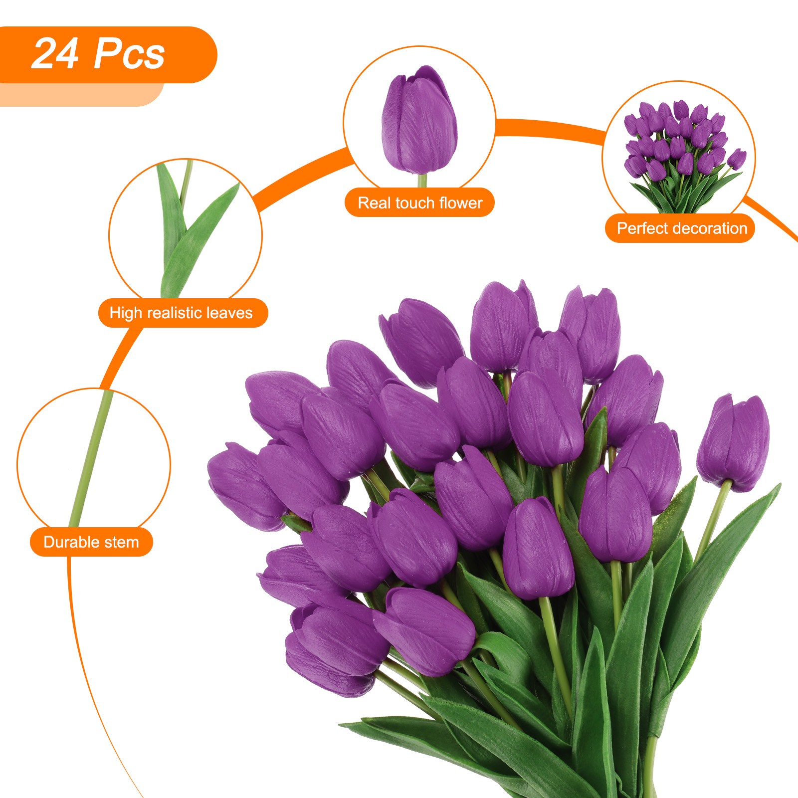 24Pcs Fake Tulips Artificial Flowers PU Tulips with Stems Purple