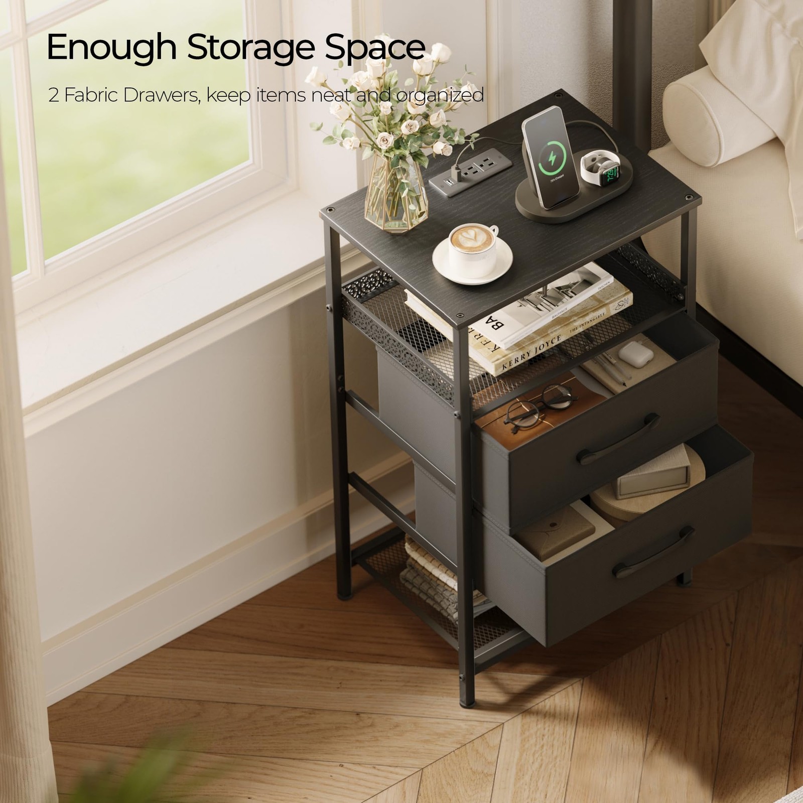 Nightstand Set of 2 with Charging 7.44 x 13.11 x 17.32 inches, Black