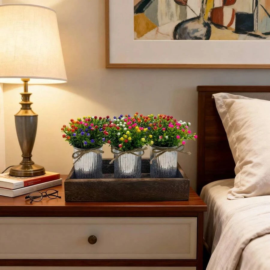Set Of 3 Artificial Milan Bouquets Wood Tray Table Centerpiece Flower