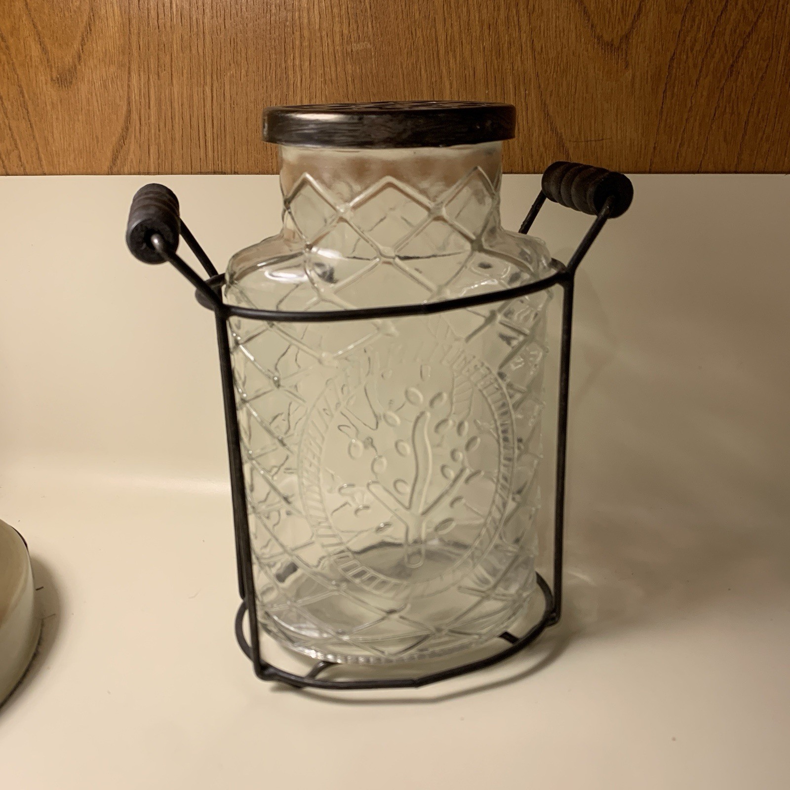 Vtg Tree Embossed Flower Arranging FROG Vase Glass Jar Metal Lid Wood Accent