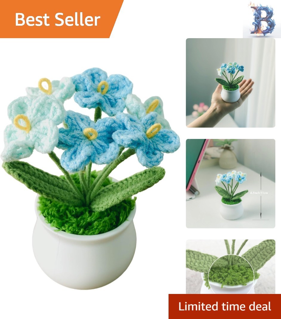 Cute Crochet Myosotis Flower in Charming Pot – Decorative Gift for Home & Office