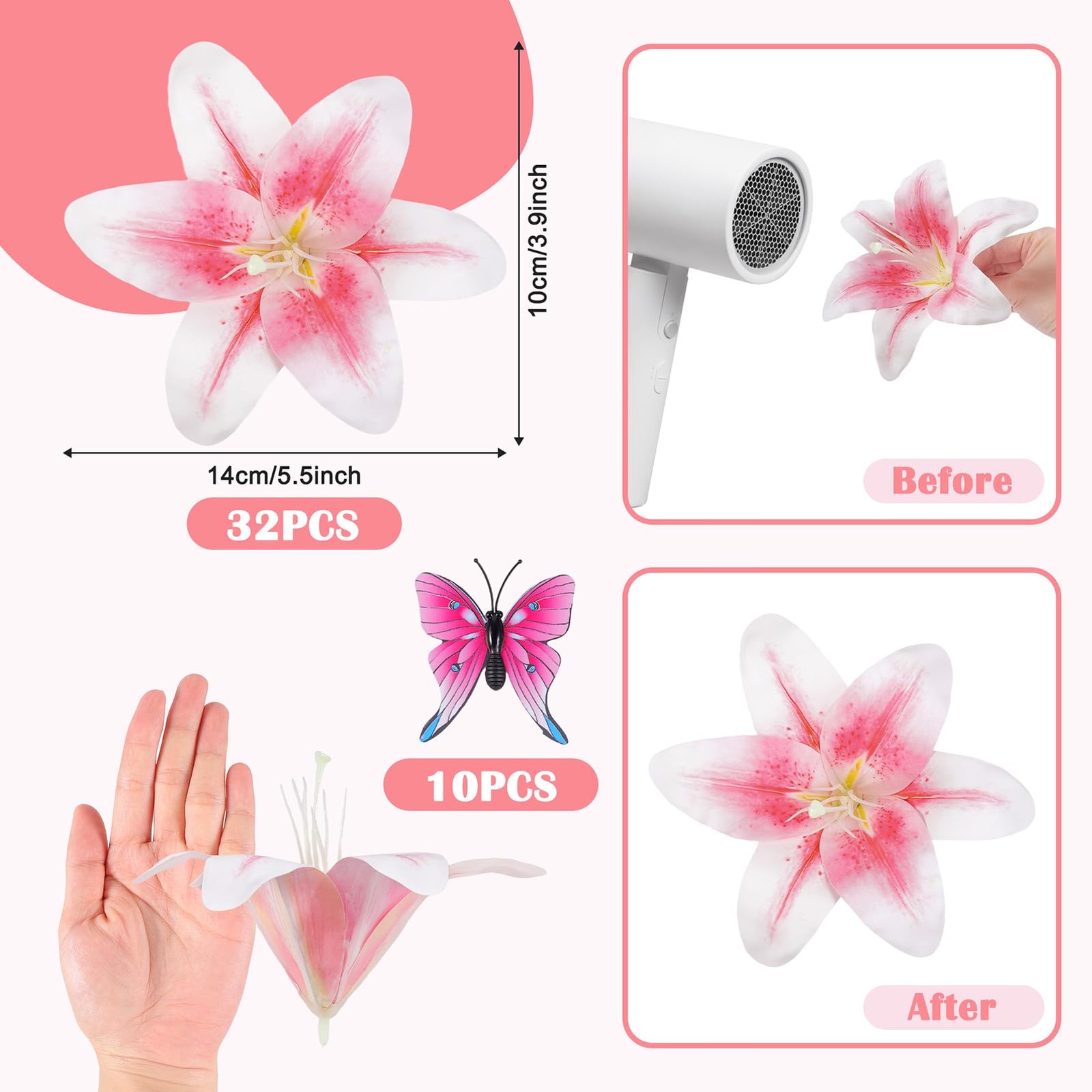 32 Pack Large Artificial Lilies Flower Heads with Realistic Stamens 5.5″ Faux…