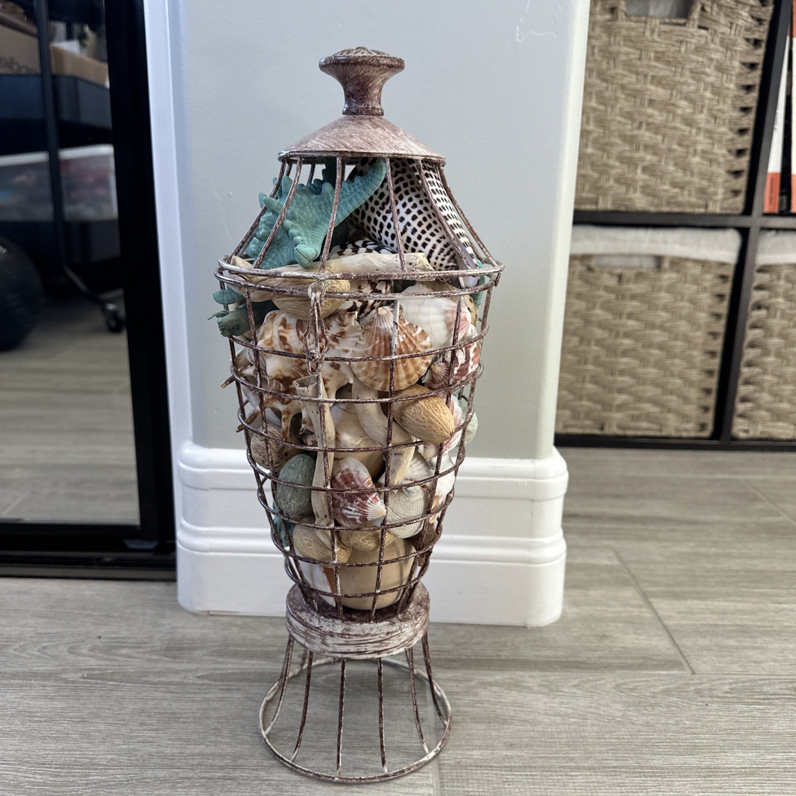 Beach Decore, Decorative Cage With Real Shells And Dried Ocean Plants Theme