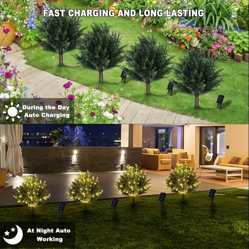2PCS Artificial Cedar Trees with Solar Lights Outdoor, 25 Inch Faux Topiary Tree