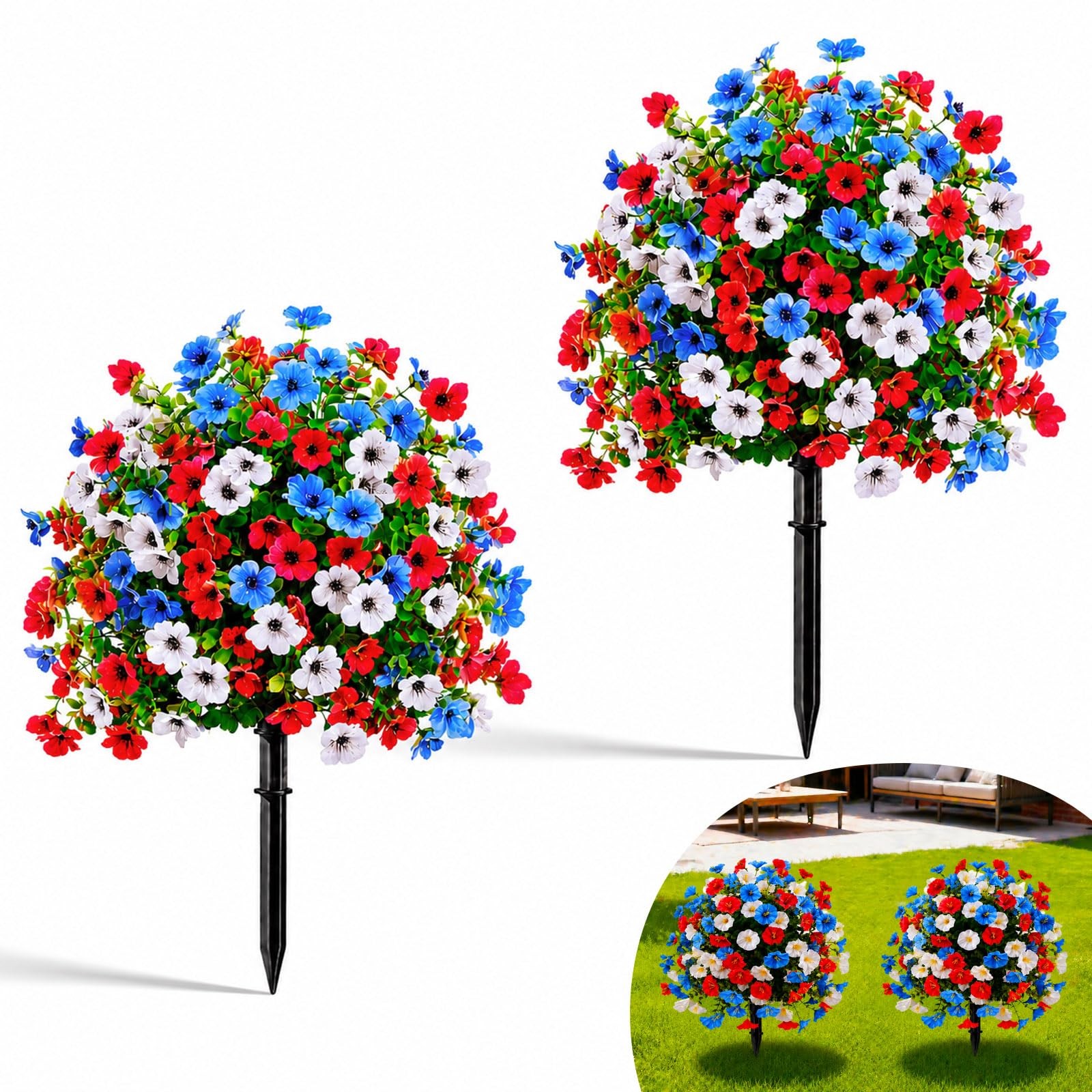 22″ Red White Blue Artificial Flowers with Ground Stakes, 4th of July Decor U…