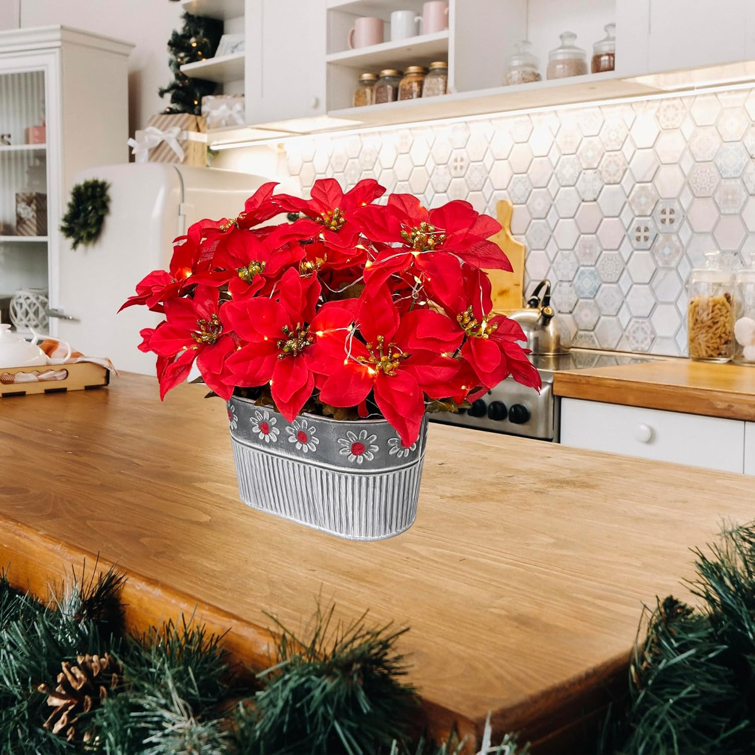 Christmas Poinsettia Table Centerpiece – Rustic Metal Pot with LED Lights, Festi