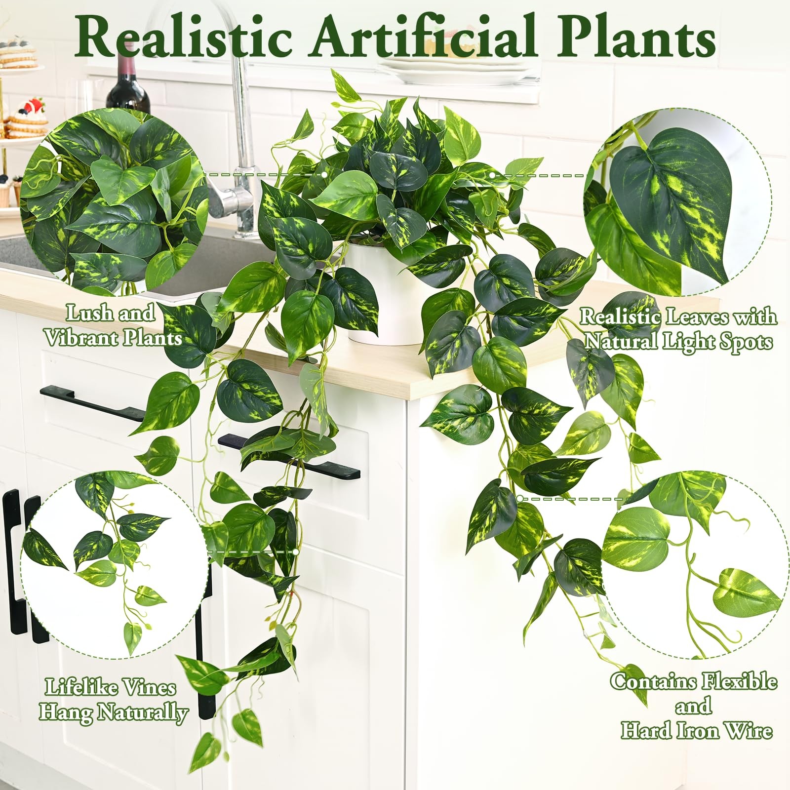 1 PC 34 Inch Realistic Artificial Hanging Fake Pothos Vines Ivy Potted Plant