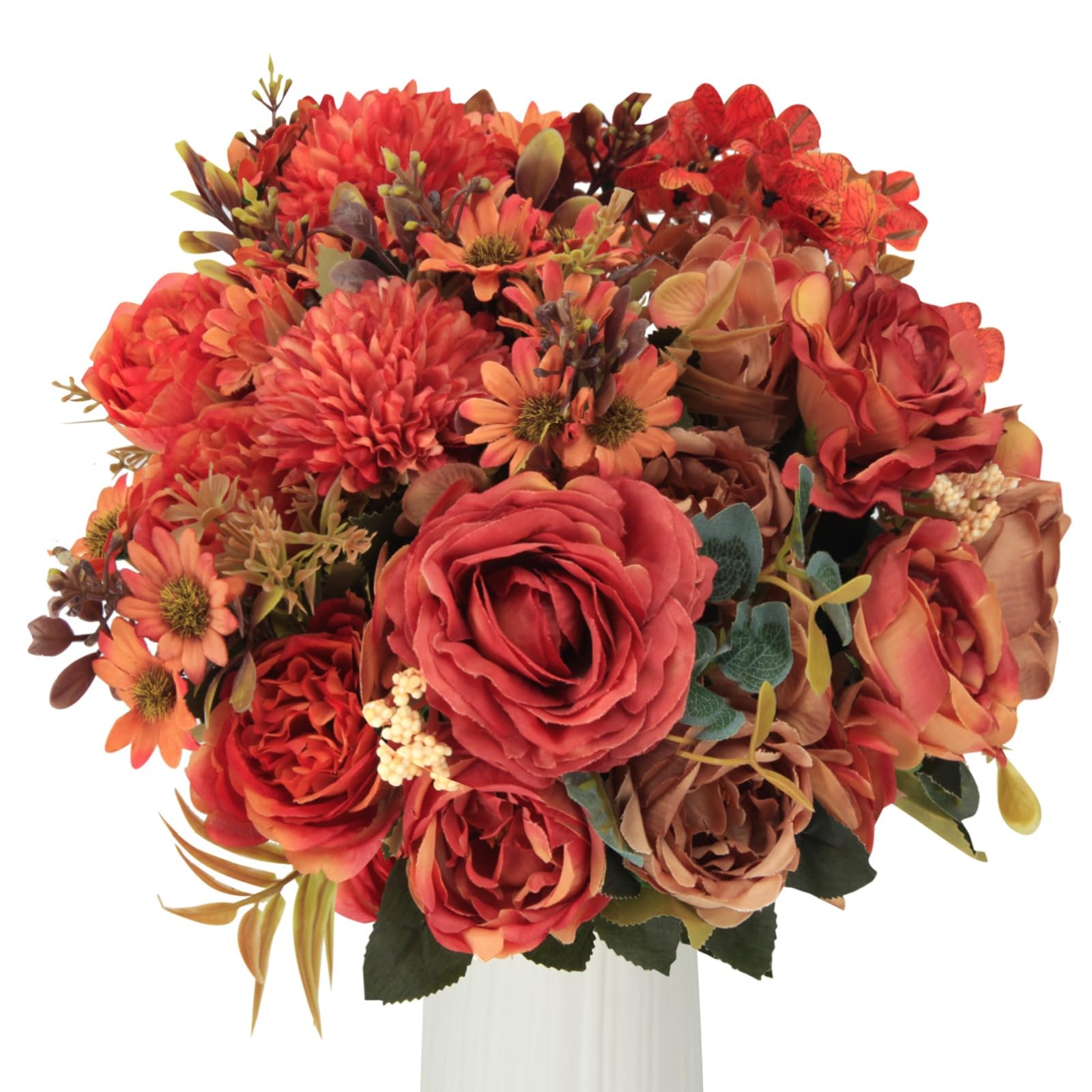 5 Bunches of Artificial Flowers,Burnt Orange Silk Artificial Rose,Pompom and …