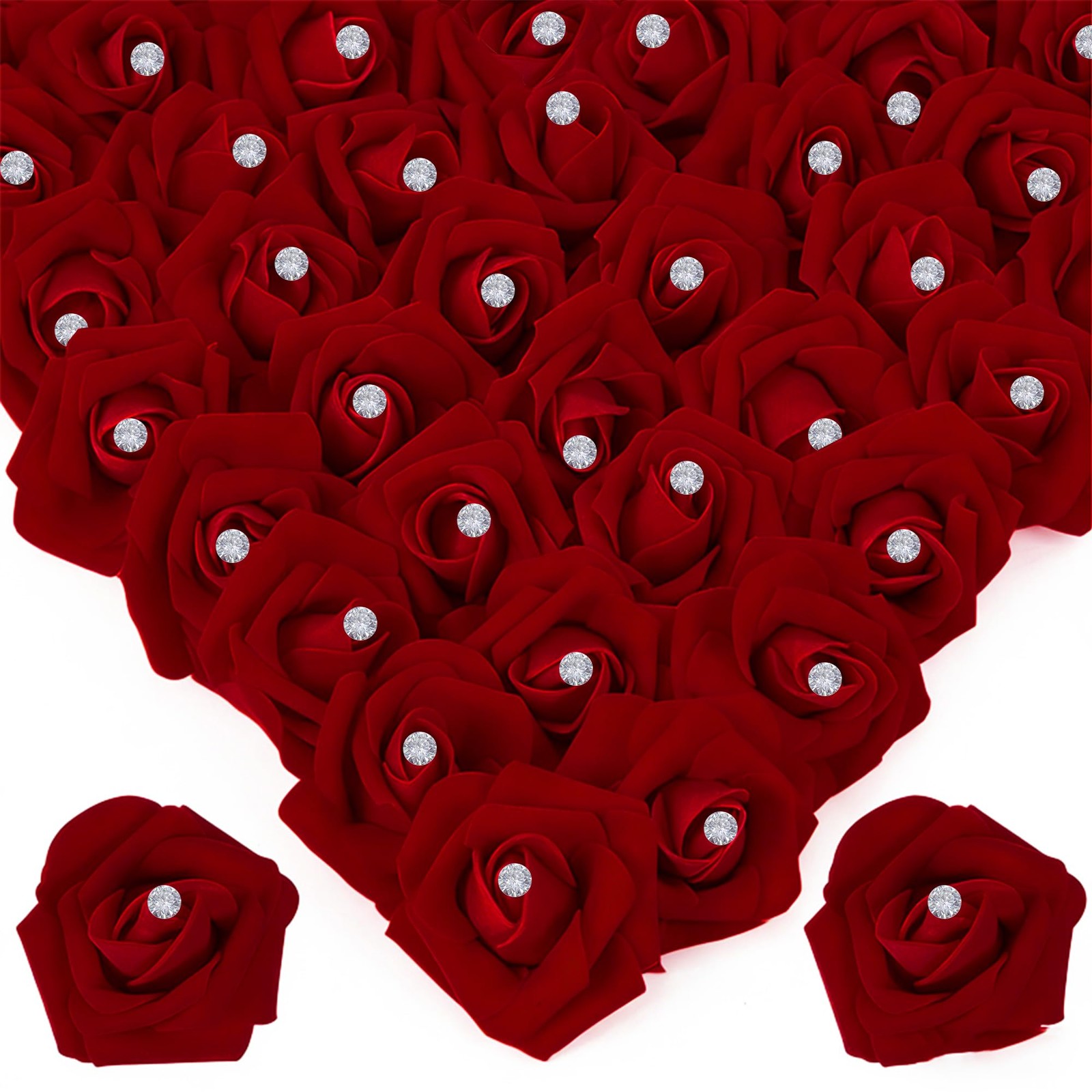 100Pcs Real Looking Burgundy with Diamonds Artificial Rose Flower Heads, Foam…
