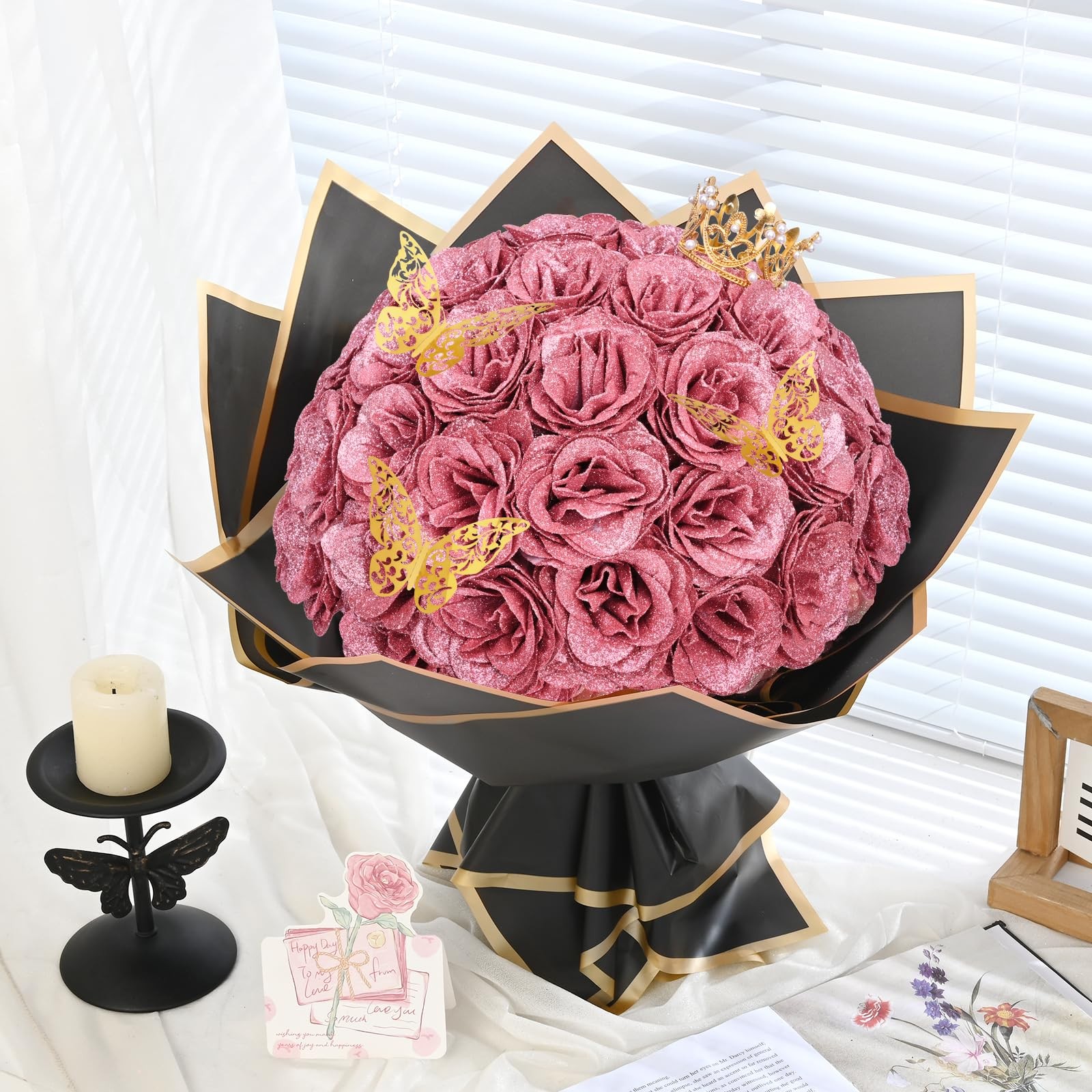 36 PCS Rose Gold Glitter Roses Bouquet DIY Fake Flowers Birthday Anniversary