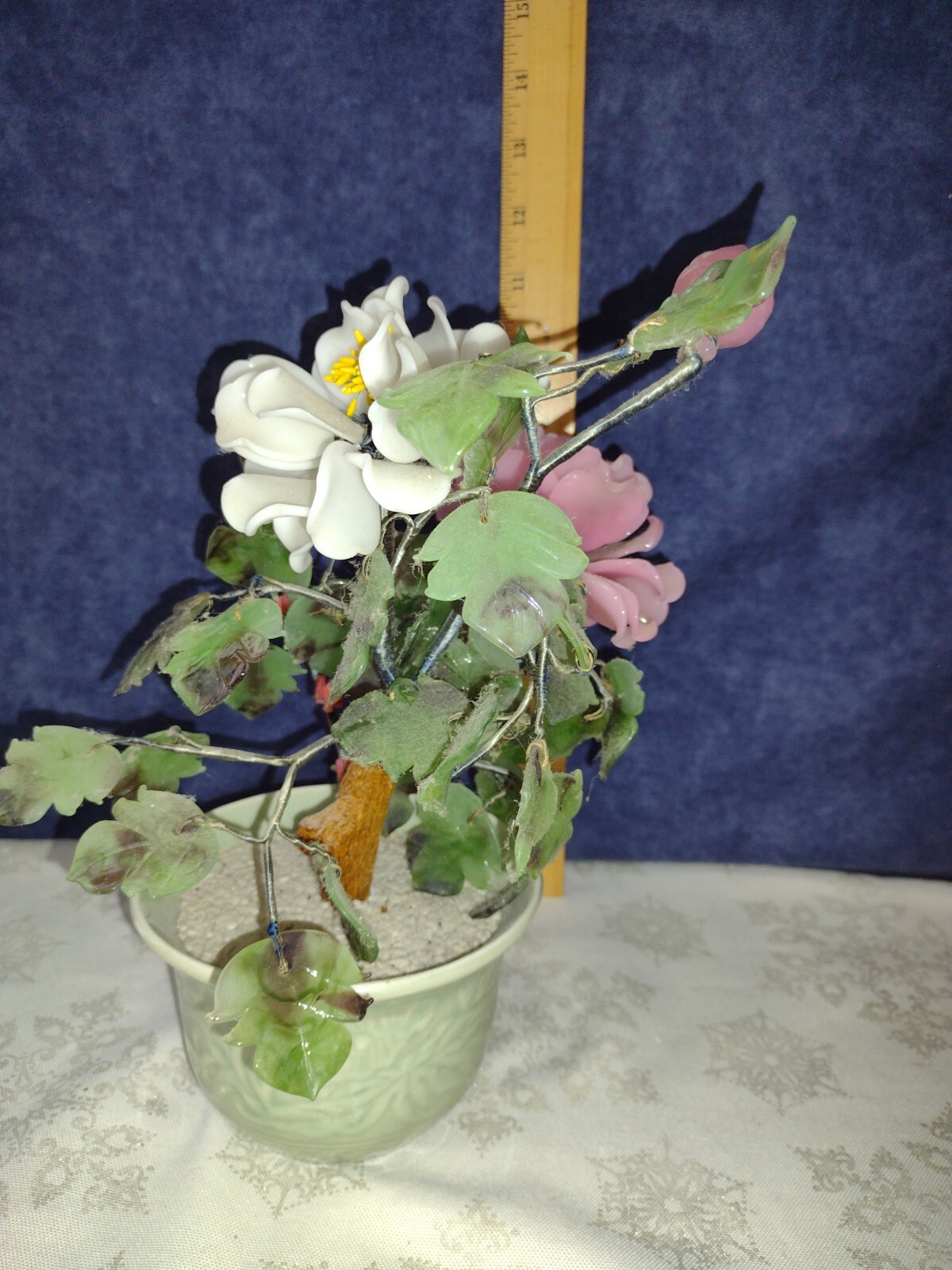 Vintage Original Japan Glass Bonsai Tree Green Bowl Pot 9″ Tall