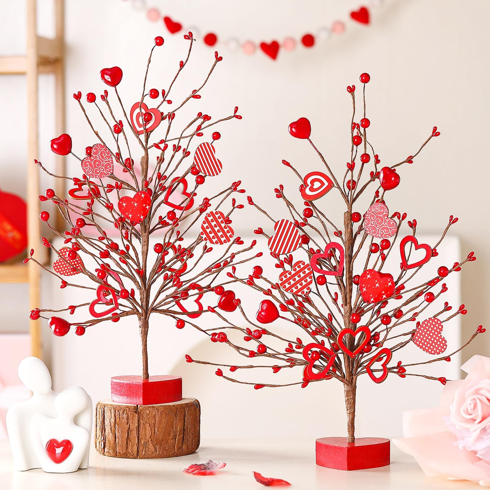 2 PCS 15 Inch Valentines Day Tree Heart Ornaments Tabletop Artificial Center