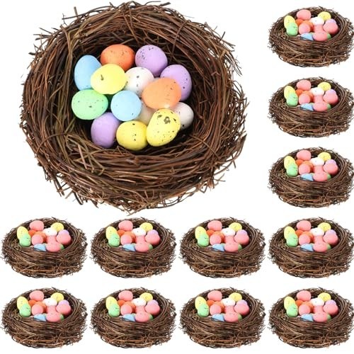 12 Pcs Mini Artificial Bird Nests with 100 Easter Eggs for Crafts & Decor