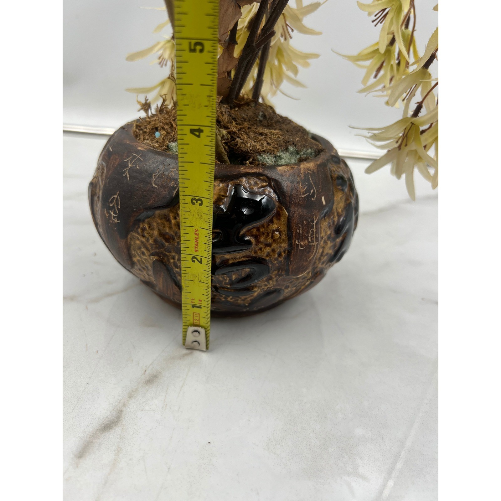Vintage Chinese Calligraphy Ceramic Planter with Faux Floral Arrangement Brown