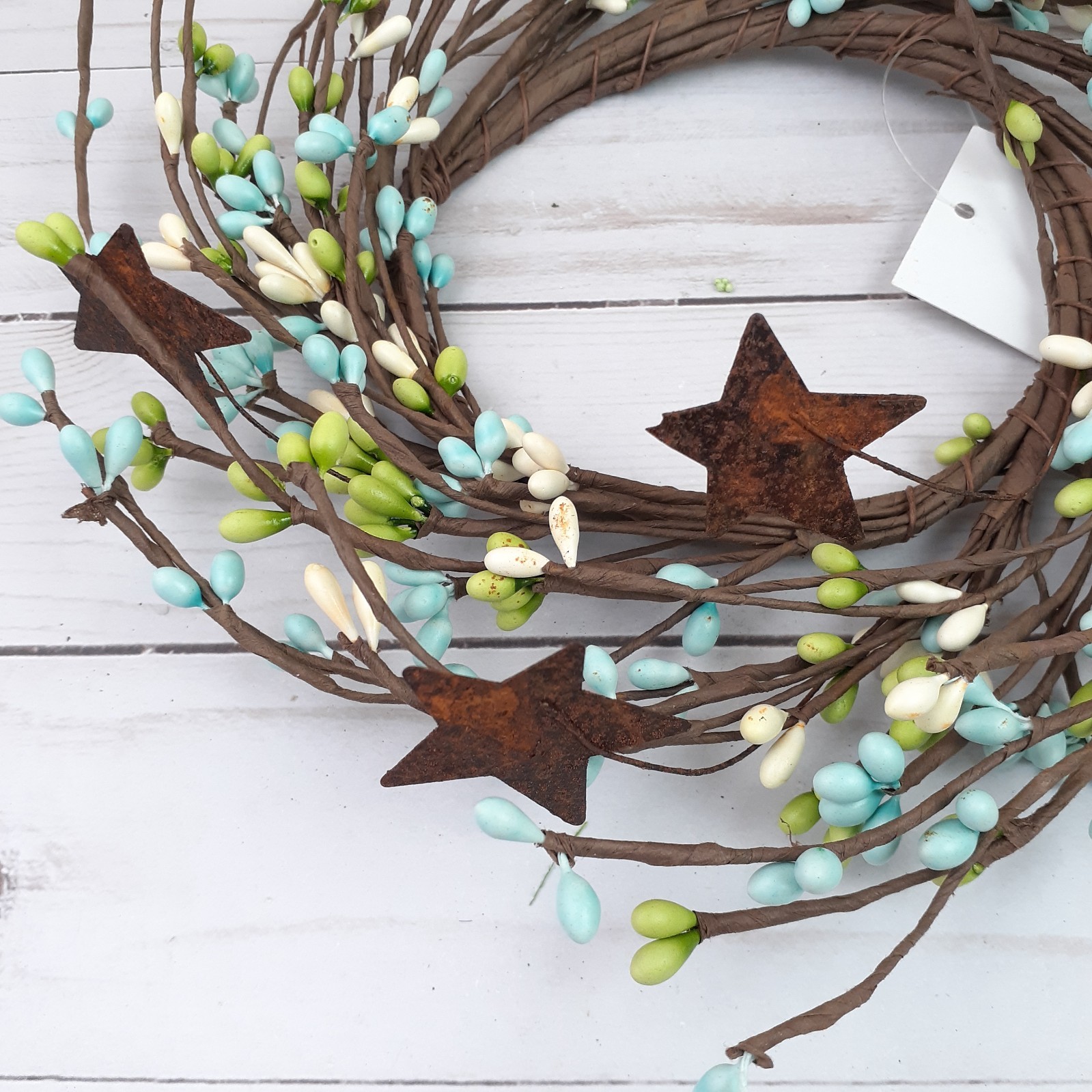 Pip Berry Candle Ring Rusty Tin Stars Seabreeze Blue Green Ivory 4″ inside