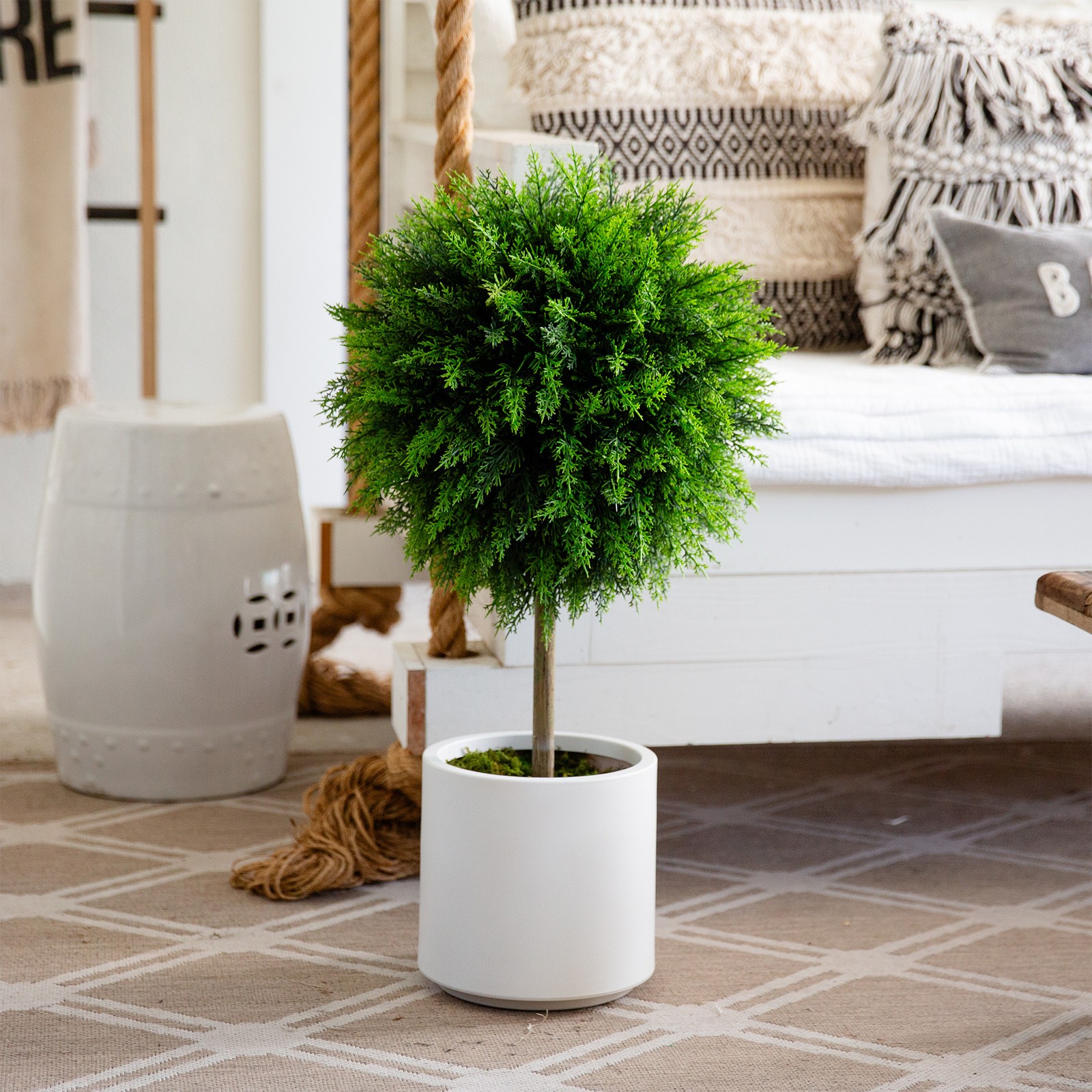 Nearly Natural 2.5ft UV Resistant Cedar Ball Topiary Tree in White Planter