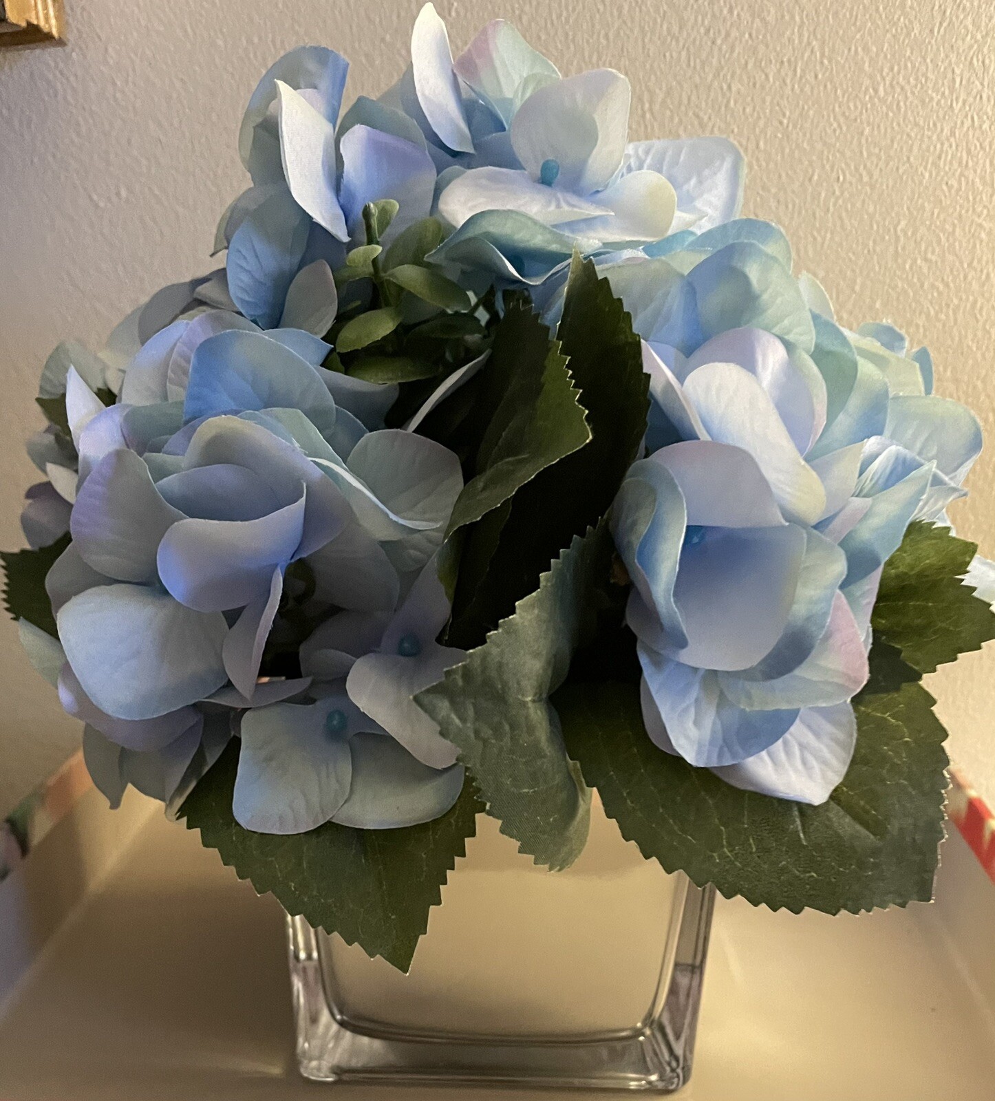 NWOT 10” Faux Blue Hydrangea Arrangement in Silver Mercury Glass Vase Lovely!