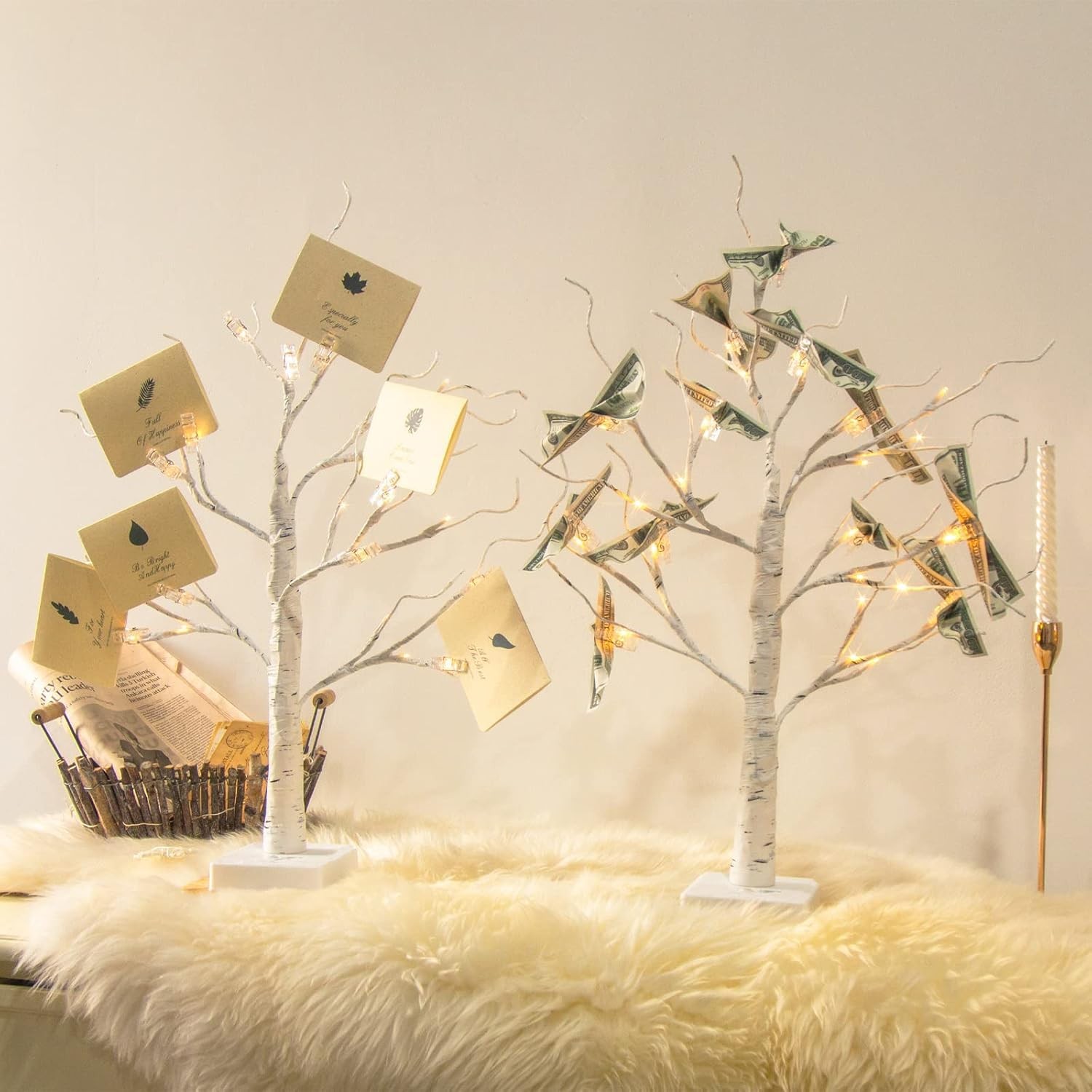 Money Tree Gift Holder, Lighted Tabletop Birch Tree with Clips and Greeting C…