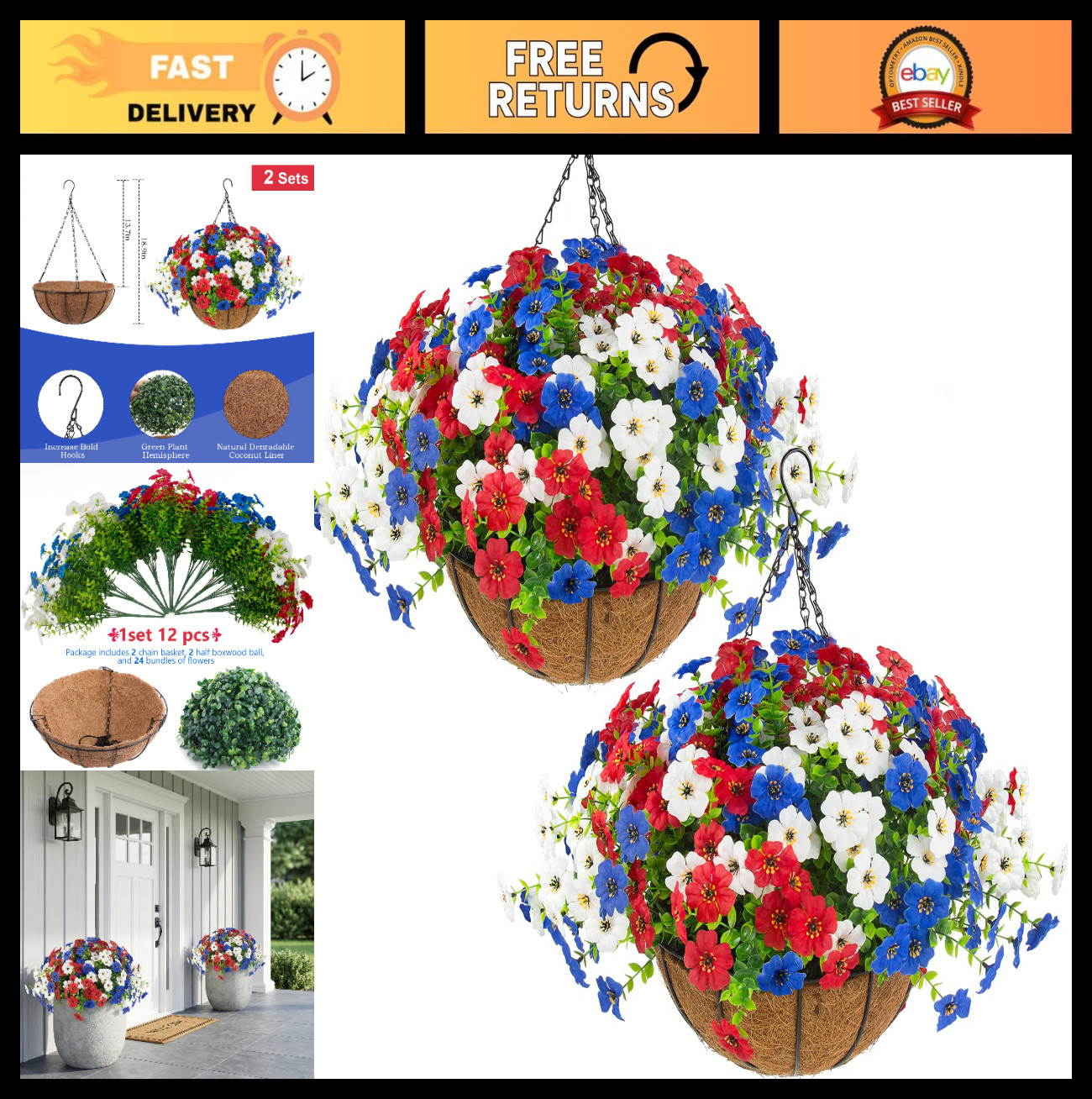 2 Set Artificial Outdoor Flowers with Hanging Baskets – 24 Patriotic Planters fo