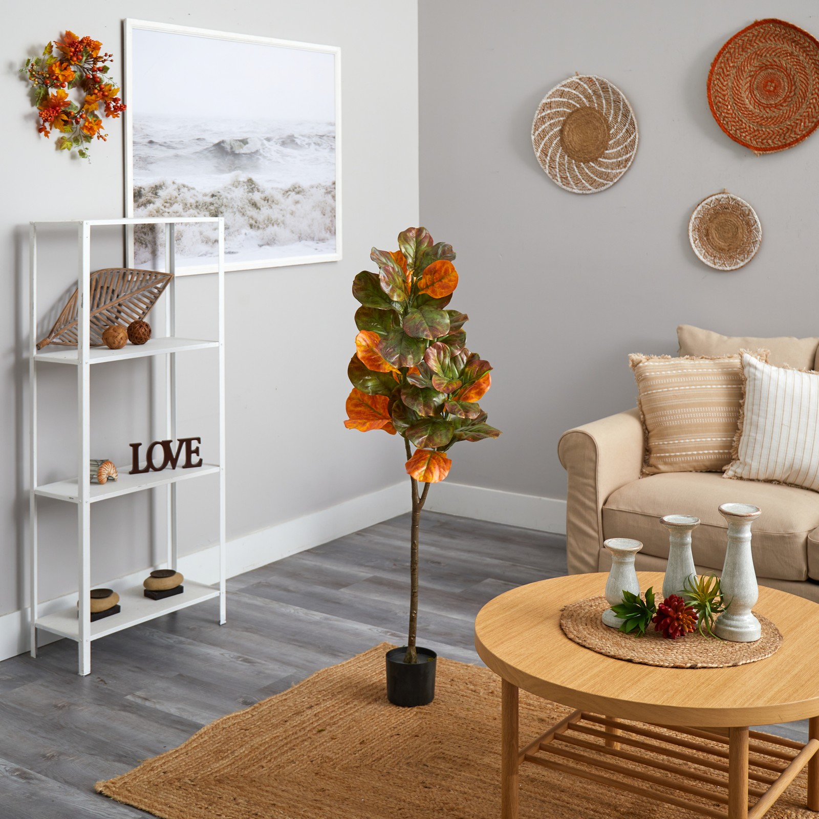 Nearly Natural 4.5ft Autumn Fiddle Leaf Artificial Fall Tree in Brown