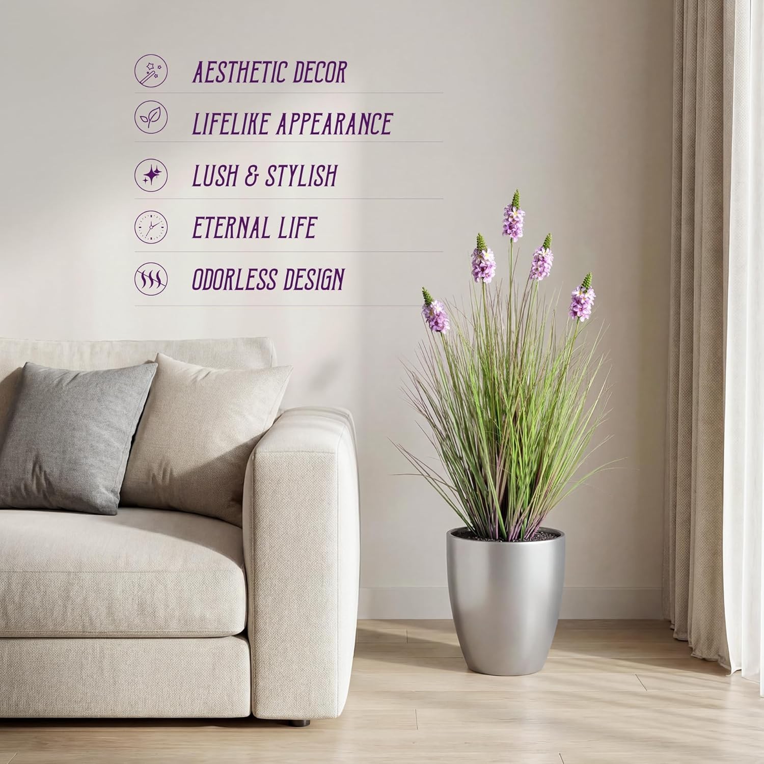 Tall Artificial Grass with Lilac Flowers 35.4In Green